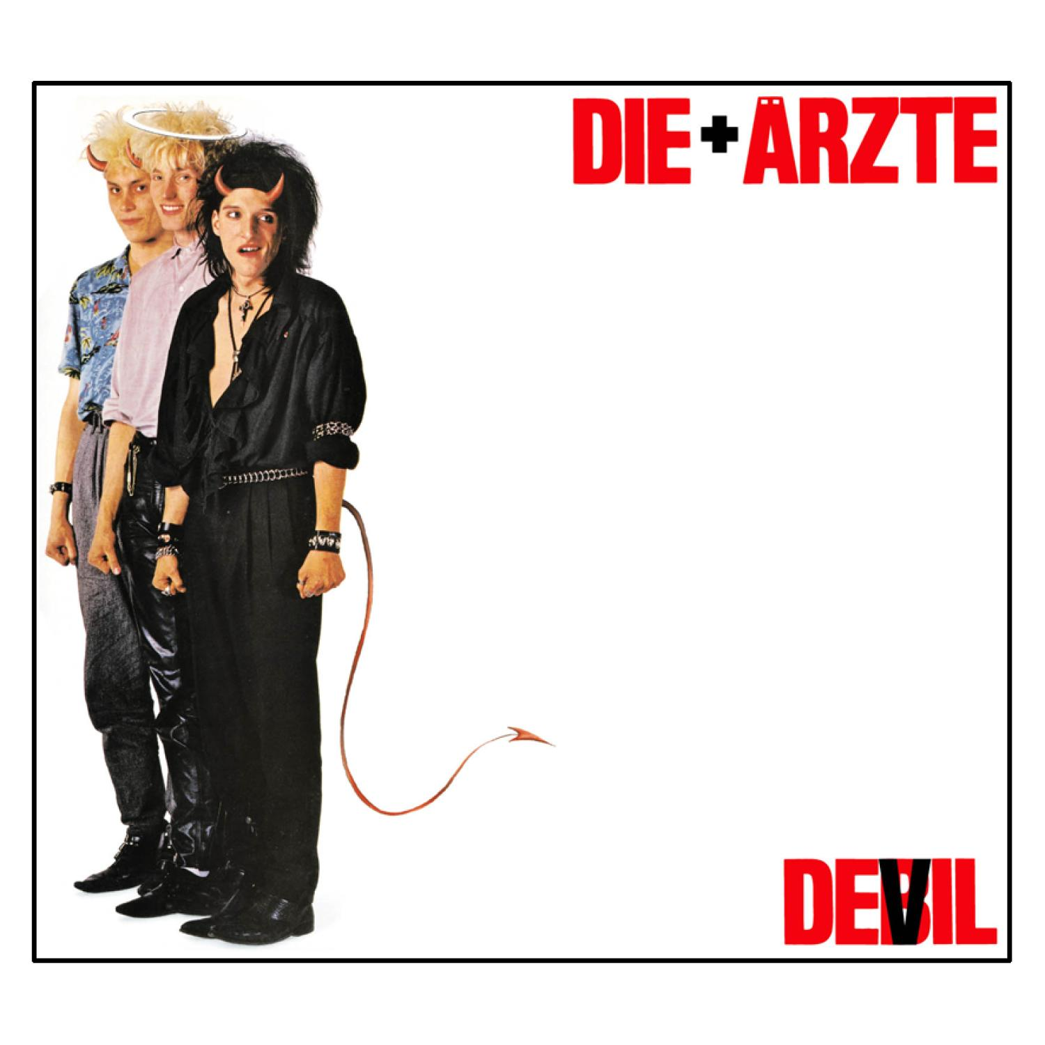 Albumcover: Drei Männer in einer Reihe, roter Text, weißer Hintergrund.