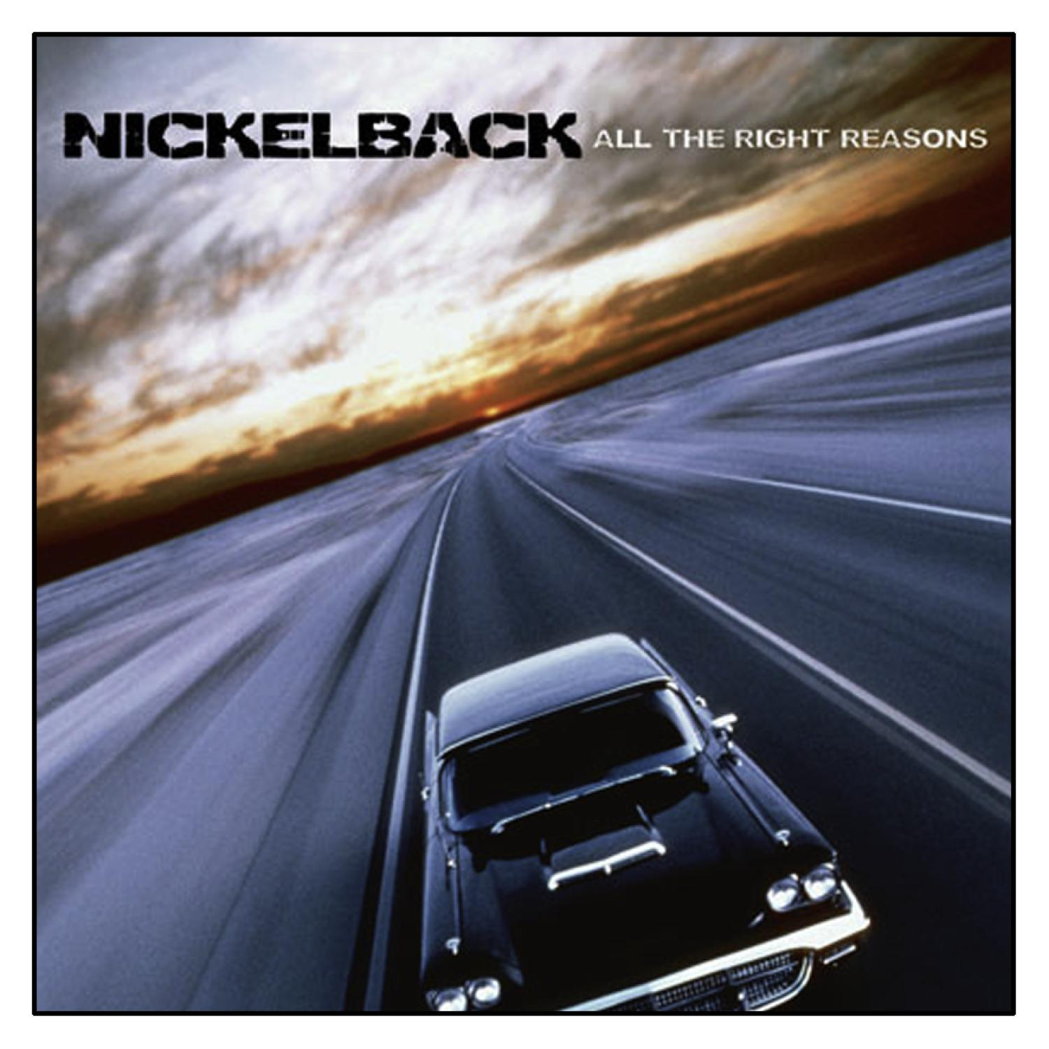 Albumcover: Ein schwarzes Auto fährt auf einer Straße in Richtung Sonnenuntergang, Name oben.