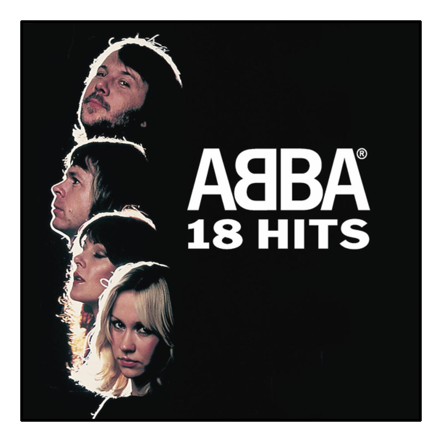 Pochette de l'album ABBA. Visages de quatre membres du groupe. Nom du groupe et "18 HITS" en blanc sur noir.