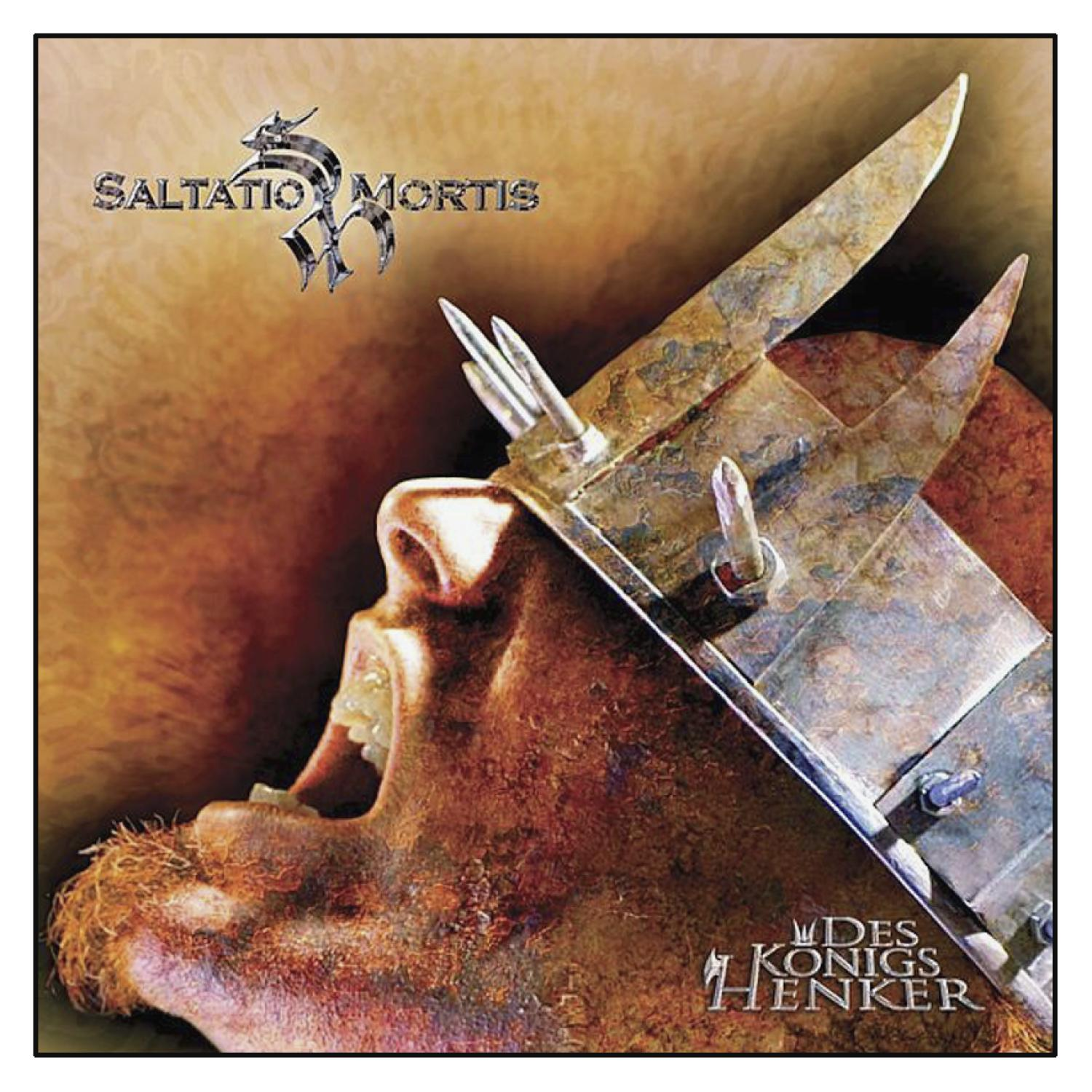 Albumcover. Ein Mann trägt eine Krone und schreit. Bandname: Saltatio Mortis. Albumtitel: Des Königs Henker.