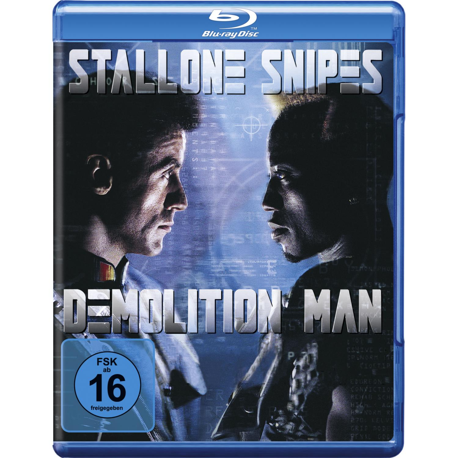 DVD-Cover, zwei Männer stehen sich gegenüber. Titel: DEMOLITION MAN, Stallone, Snipes.