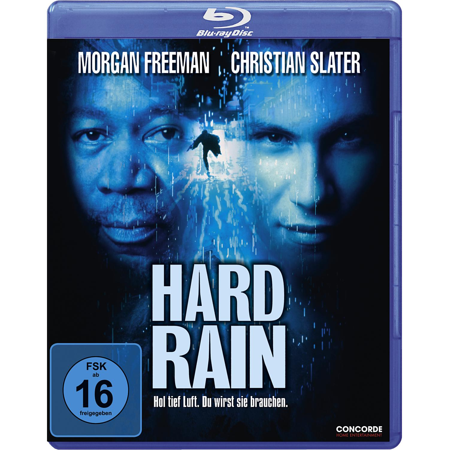 Blu-ray-Cover mit Morgan Freeman und Christian Slater, dem Titel "Hard Rain" im Regen.