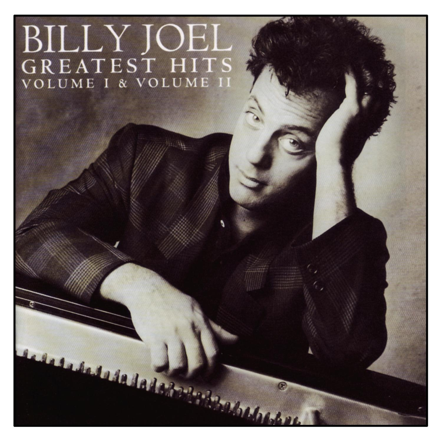 Albumcover von Billy Joel, im Anzug, lehnt sich an Klavier, schwarz und weiß.