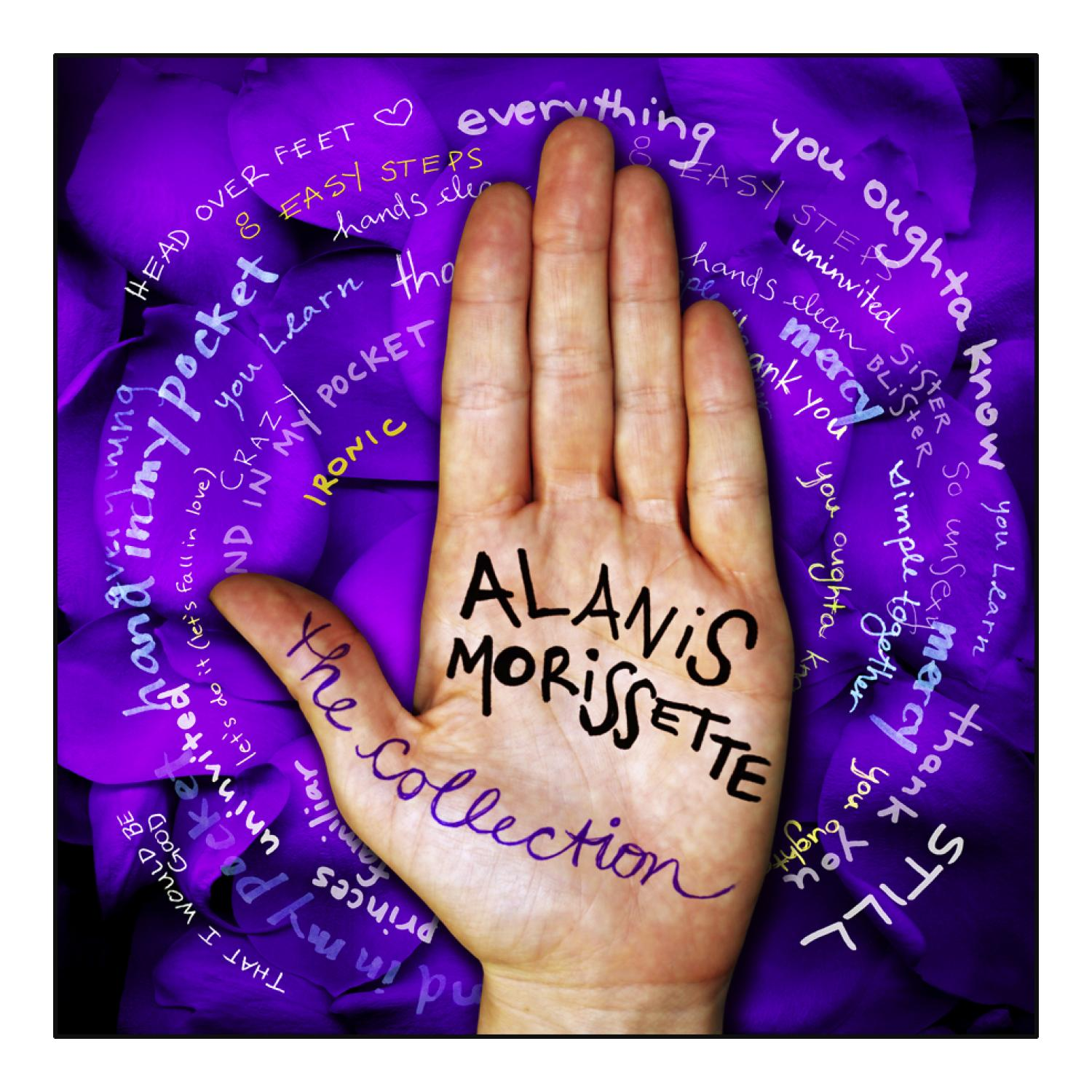Hand mit Schrift, umgeben von Text und Blumen. Albumcover.