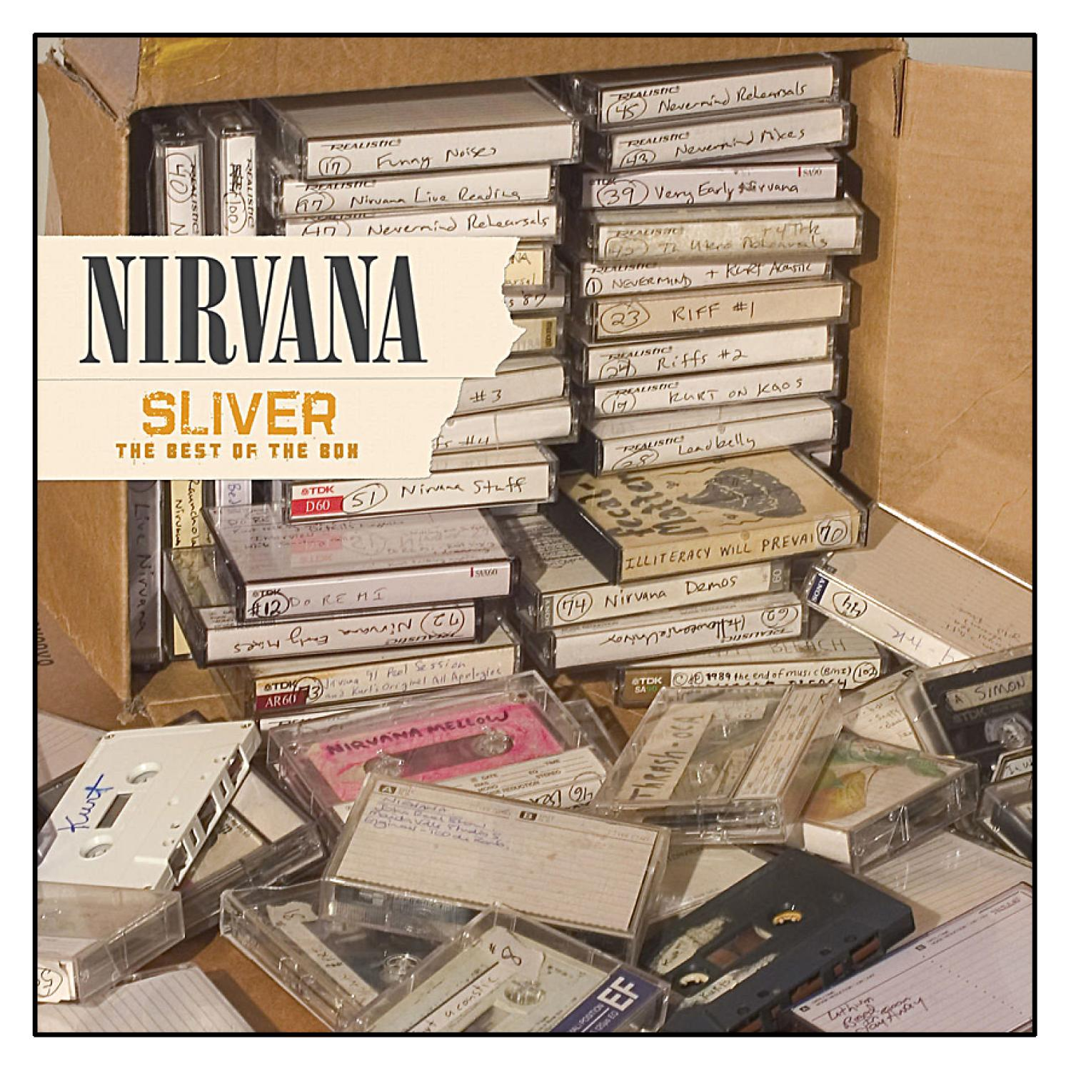 Pochette d'album de Nirvana, une boîte de cassettes. Texte : Nirvana, Sliver, The Best of the Box.