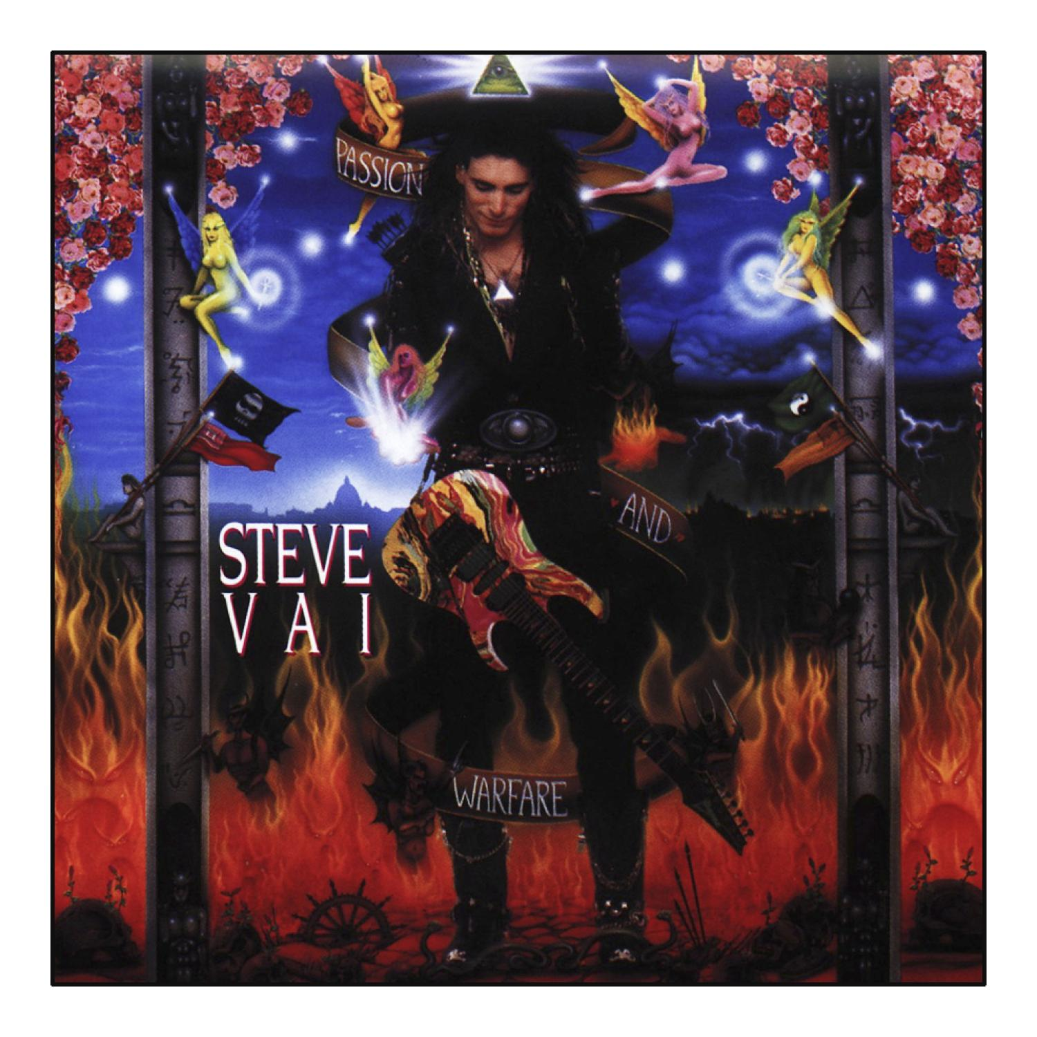 Albumcover-Kunst mit Steve Vai, der eine Gitarre hält, umgeben von Figuren und Flammen.