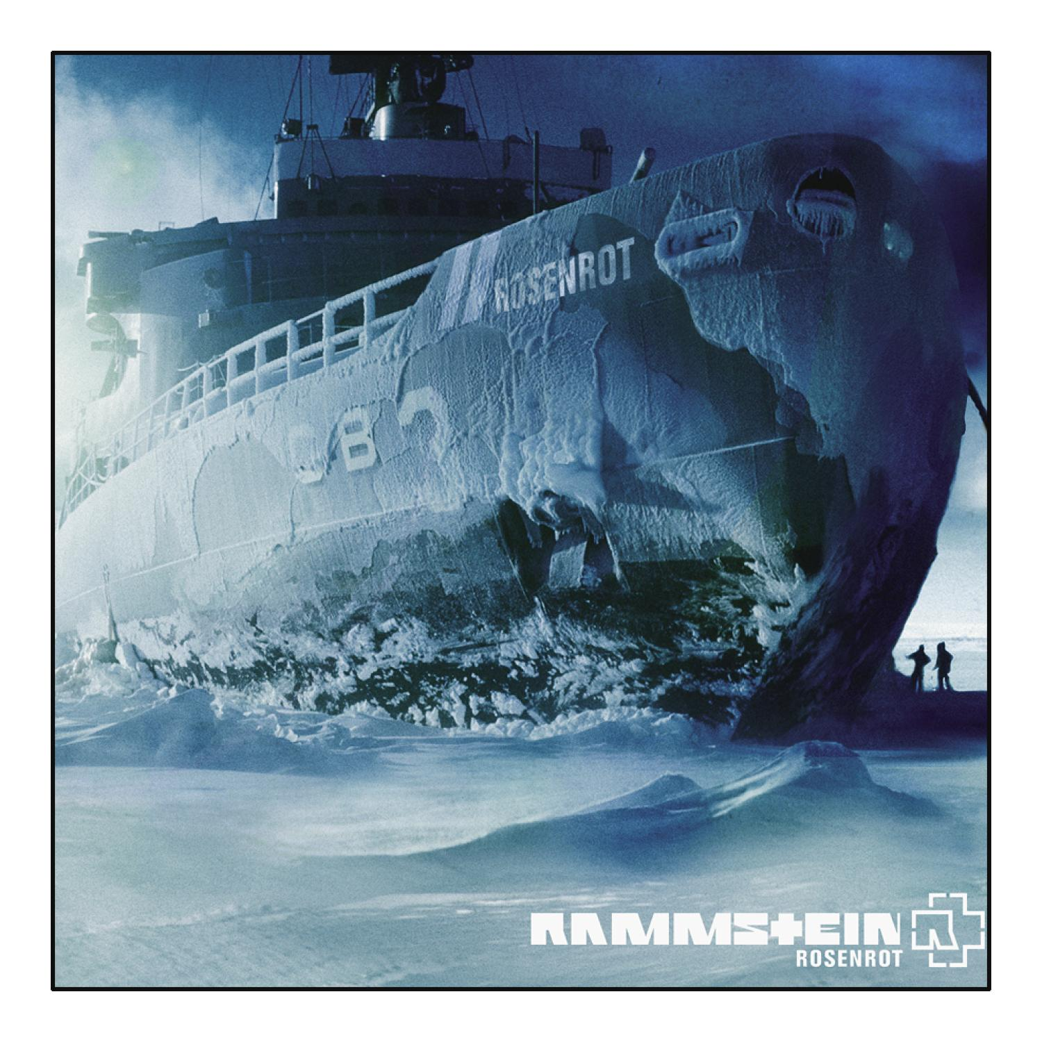 Albumcover eines im Eis gefrorenen Schiffs, mit dem Wort ROSENROT und dem Rammstein-Logo.