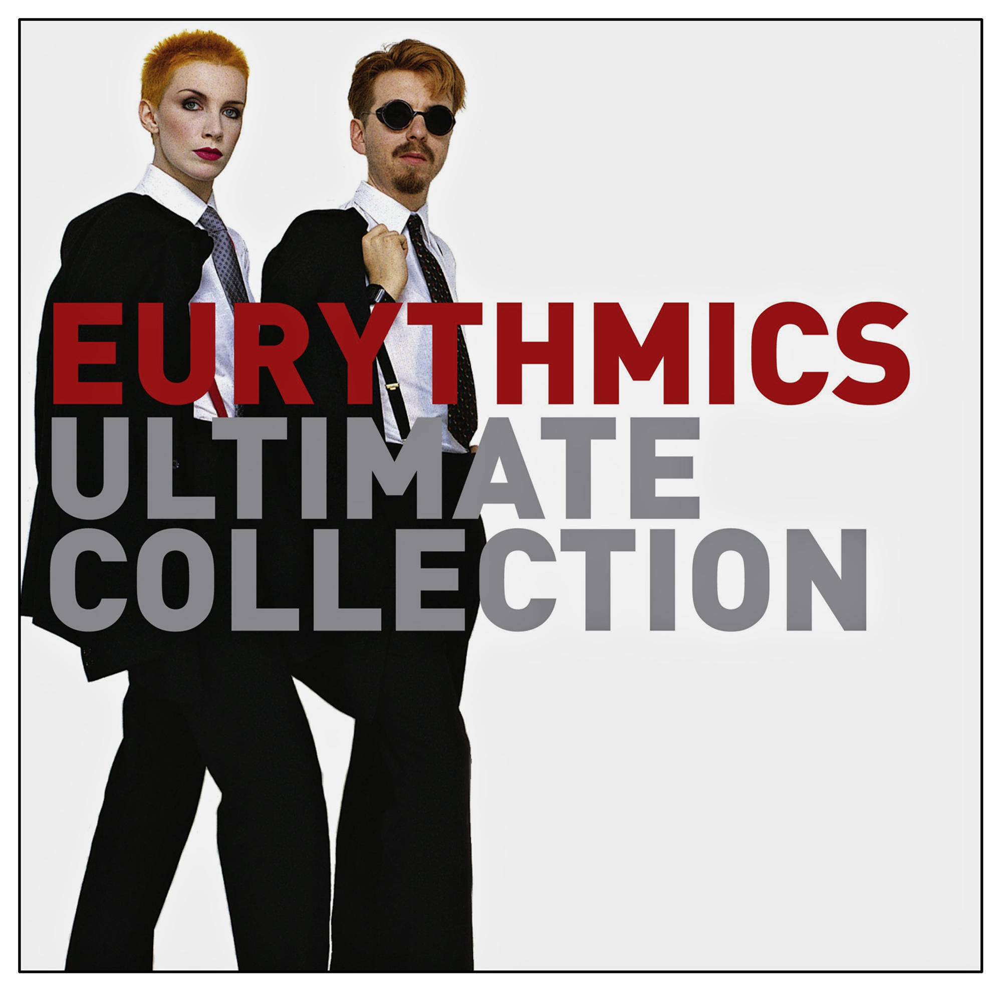 Eurythmics Albumcover. Zwei Personen in Schwarzweiß, der Titel ist rot und grau.