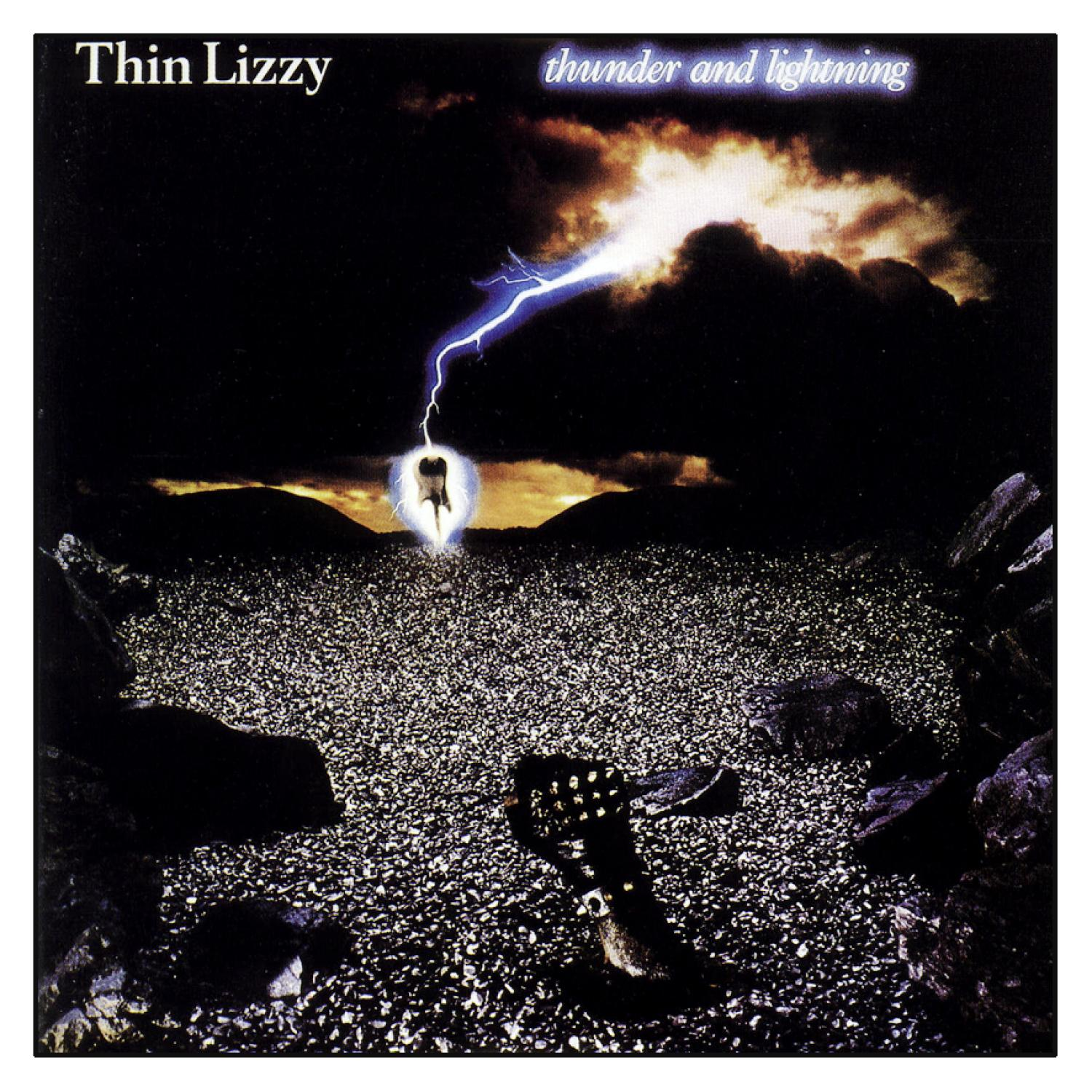 Albumcover: Thin Lizzy, 'Thunder and Lightning'. Blitz über dunklen Felsen. Gitarre unten.