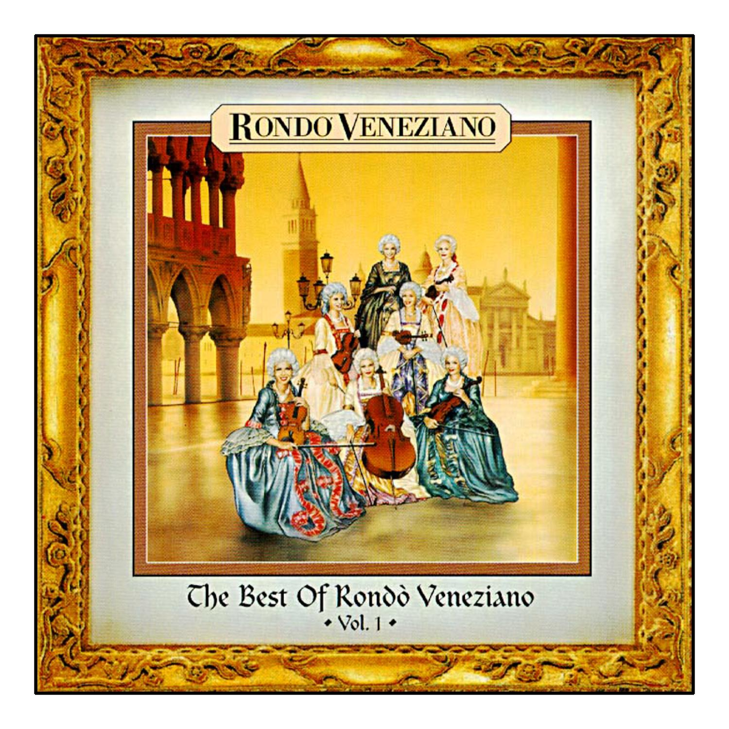 Rondò Veneziano Albumcover. Gruppe von Musikern in historischen Kostümen, Venedig-Hintergrund, Goldrahmen.