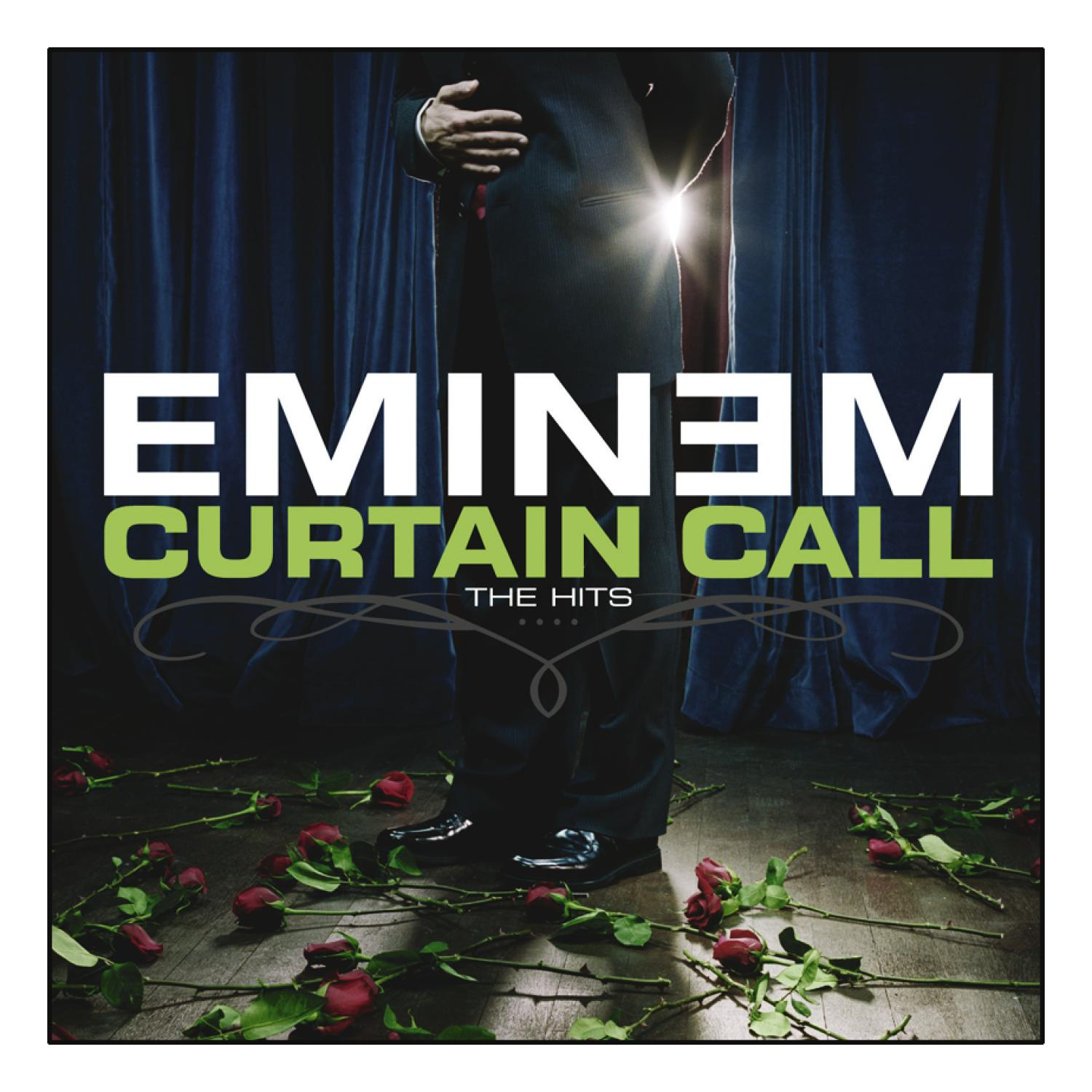 Albumhoes: Eminem in pak, rode rozen op de vloer, titel "Curtain Call".