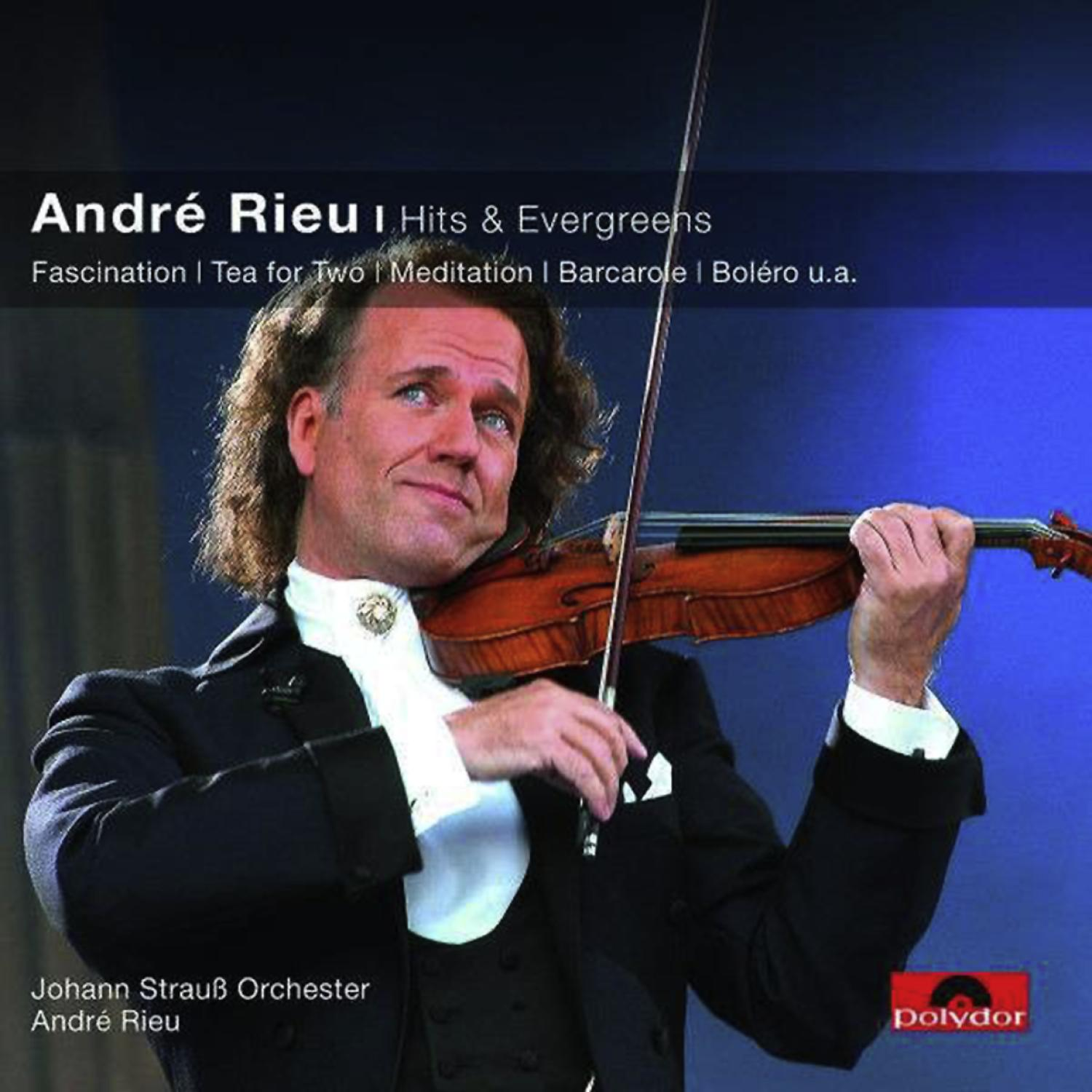 André Rieu Albumcover. Mann im schwarzen Anzug spielt Geige, blauer Hintergrund.