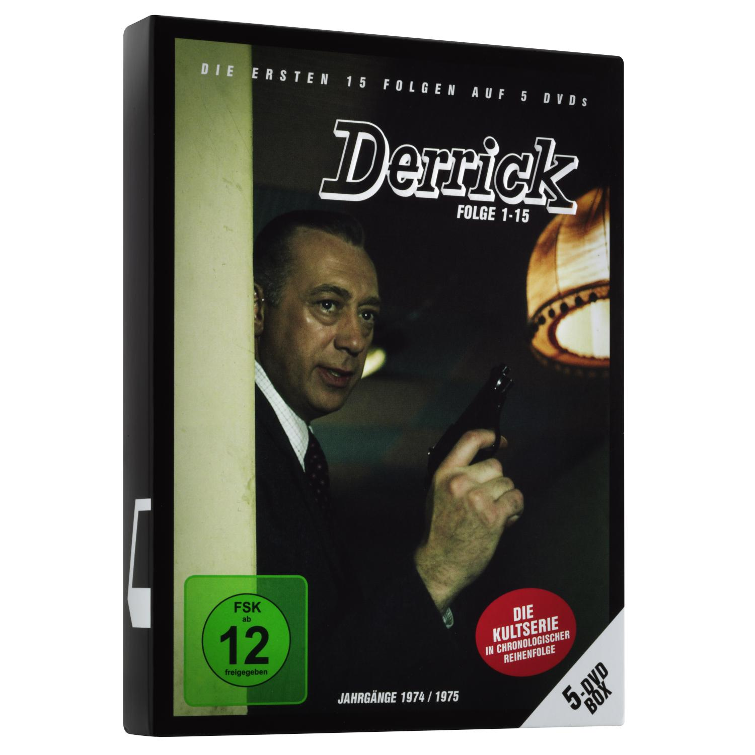 DVD-Cover für 'Derrick' mit Mann mit Pistole und Serientitel.