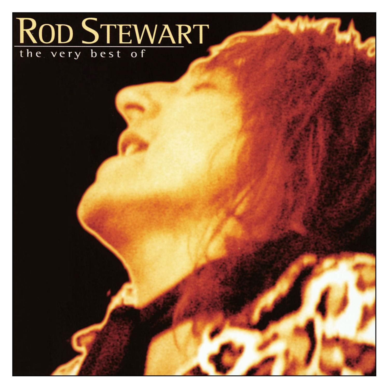 Rod Stewart Albumcover. Nahaufnahme von Rod Stewart beim Singen, dunkler Hintergrund.
