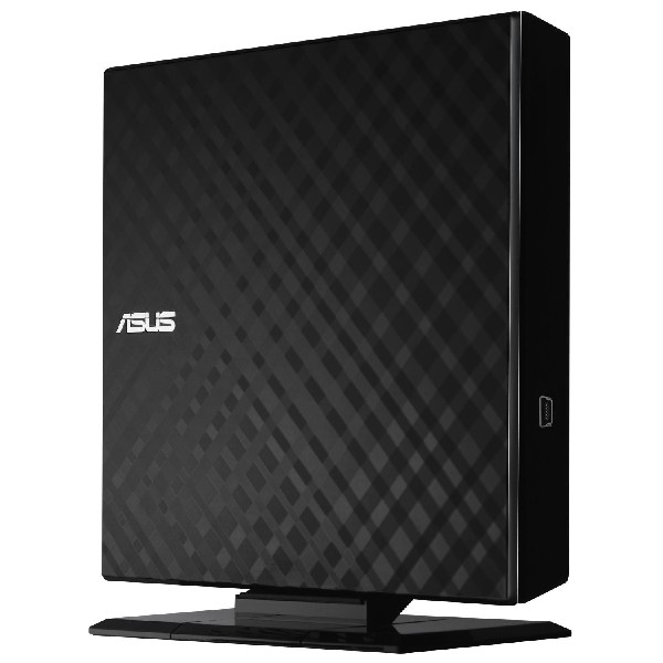 Torre de computadora ASUS negra con frente texturizado y logotipo blanco, se apoya en base negra.