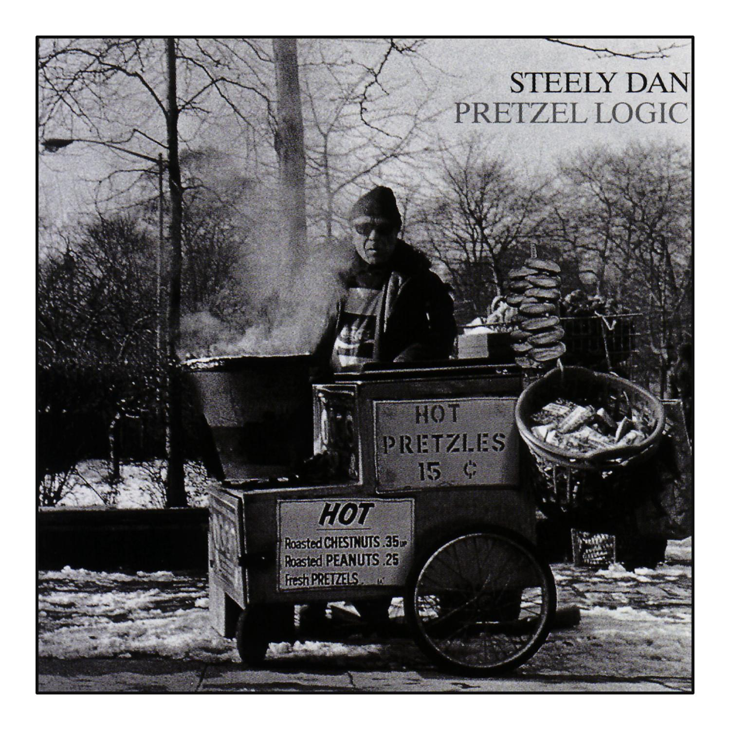 Zwart-wit afbeelding van een straatverkoper met een hot-pretzelkar, tekst 'Pretzel Logic'.