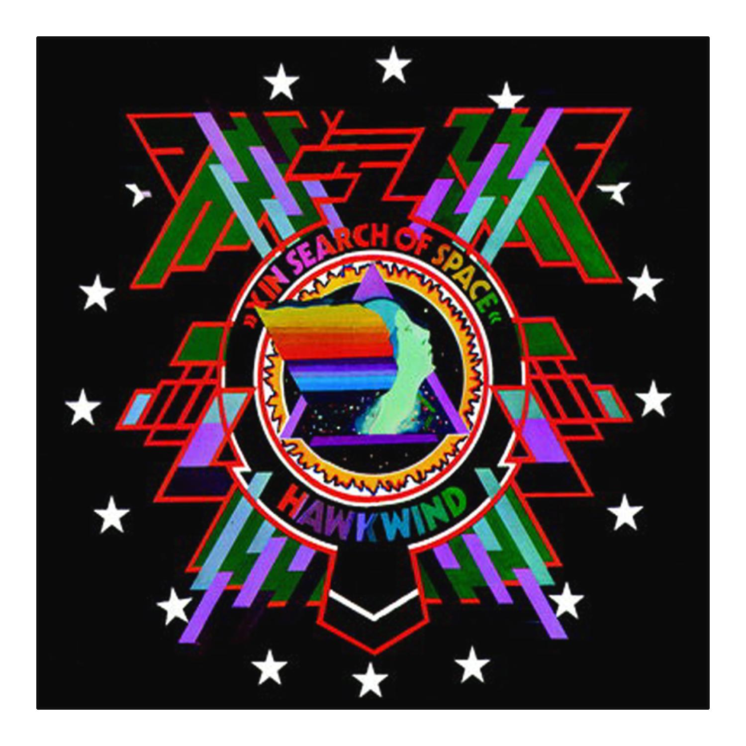 Albumcover für Hawkwind. Ein schwarzer Hintergrund mit einem zentralen Bild, umgeben von Sternen und geometrischen Formen.