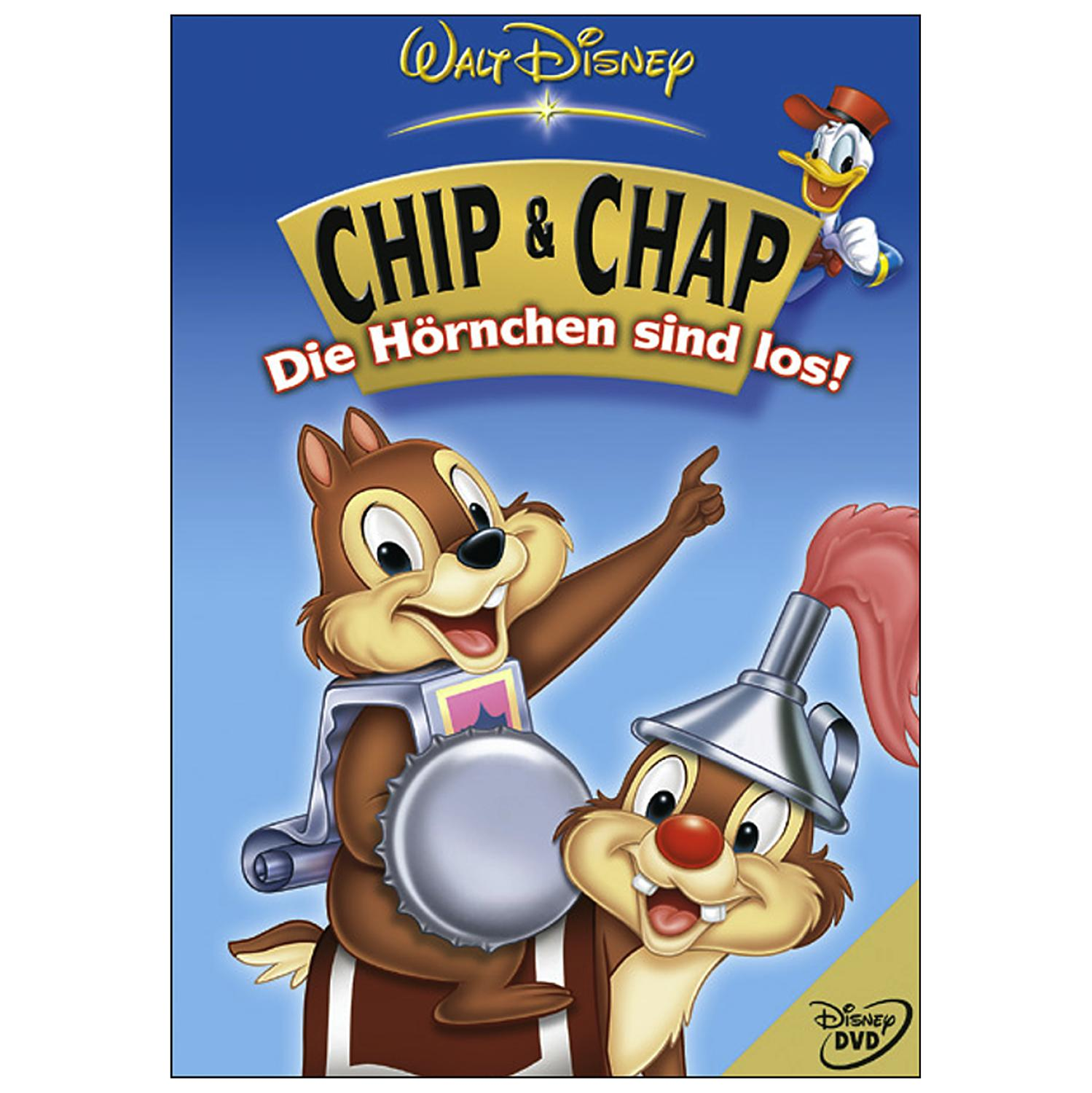 Disney DVD-Cover von Chip und Chap. Chip hält ein Schild und Dale zeigt. Donald Duck ist in der Ecke.
