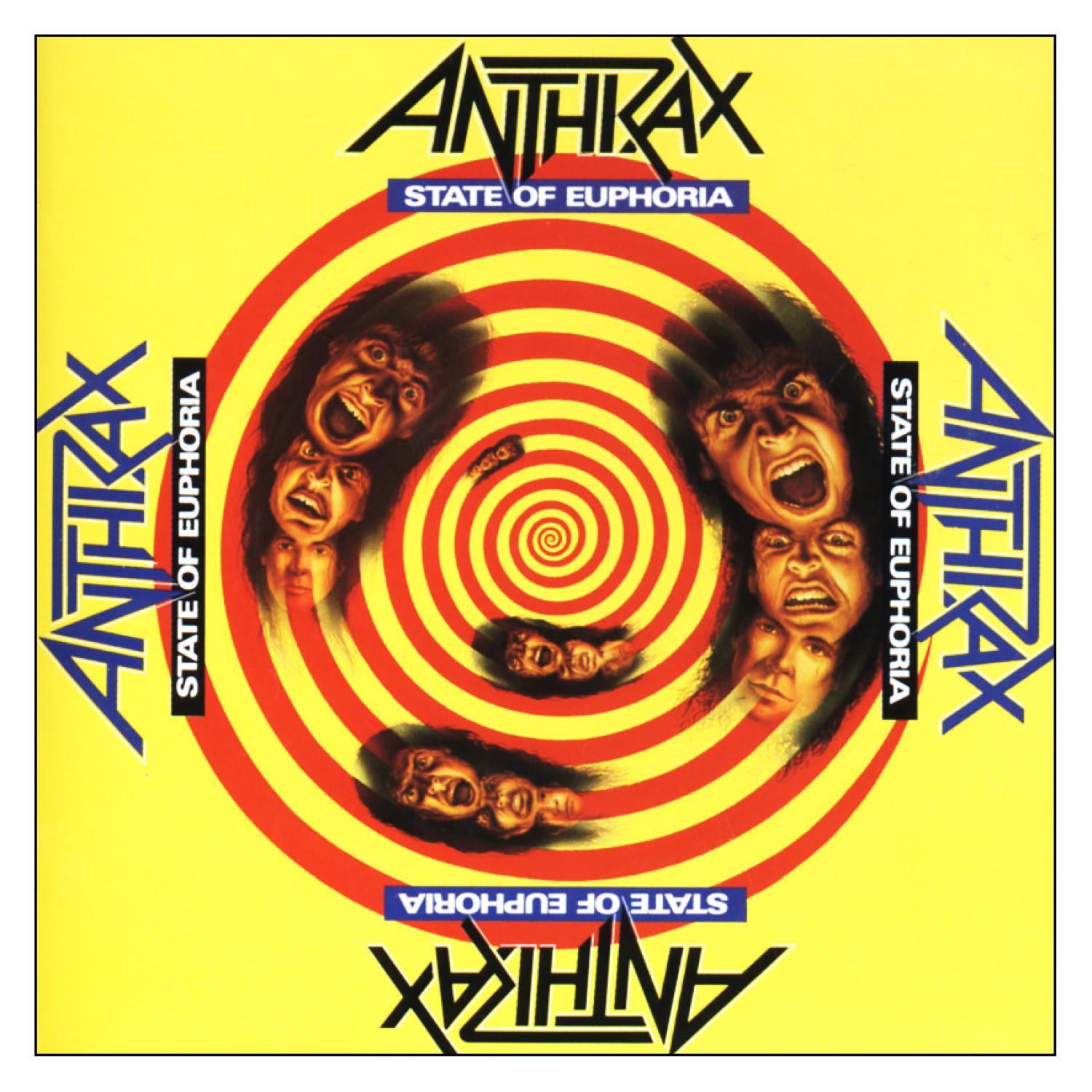 Anthrax 'State of Euphoria' Albumcover. Verdrehte Gesichter, rote und gelbe Wirbel. Bandname in Blau.