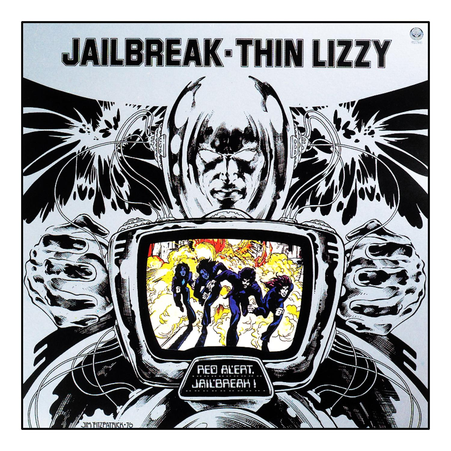 Albumcover: Cartoonhafte Figur in einem Computer. Bandmitglieder sind im Bildschirm. Titel 'Jailbreak'.