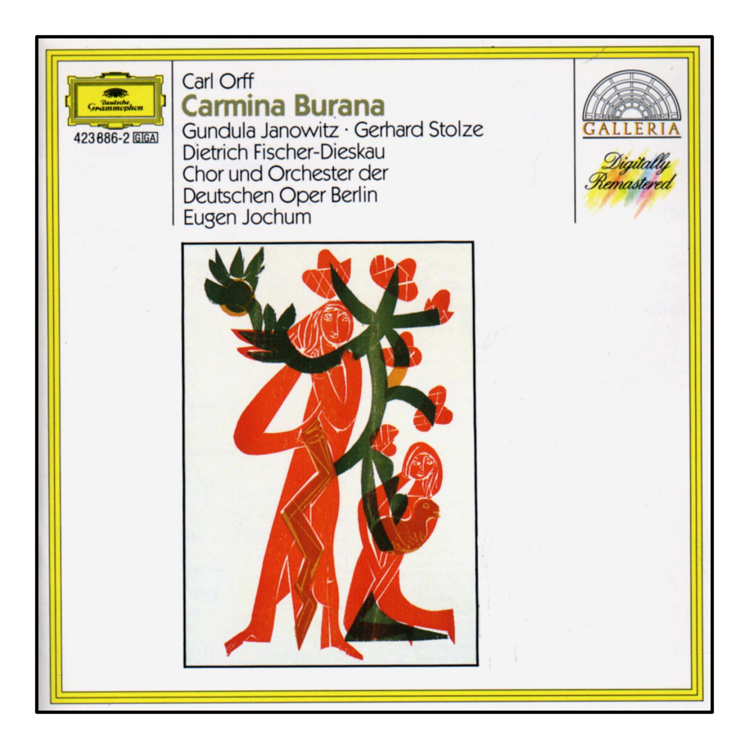 Albumcover mit abstrakten Figuren in Orange und Rot, Titel Carmina Burana. Gelber Rand.
