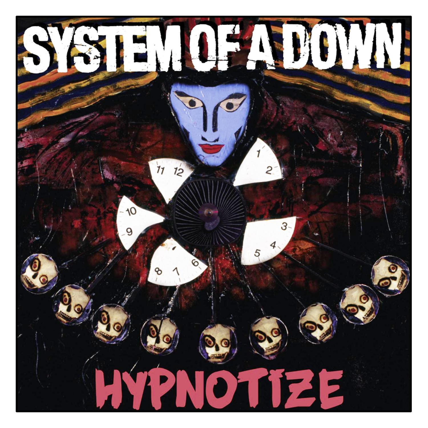 Albumcover, 'System of a Down - Hypnotize', mit surrealen Uhren- und Schädelbildern.