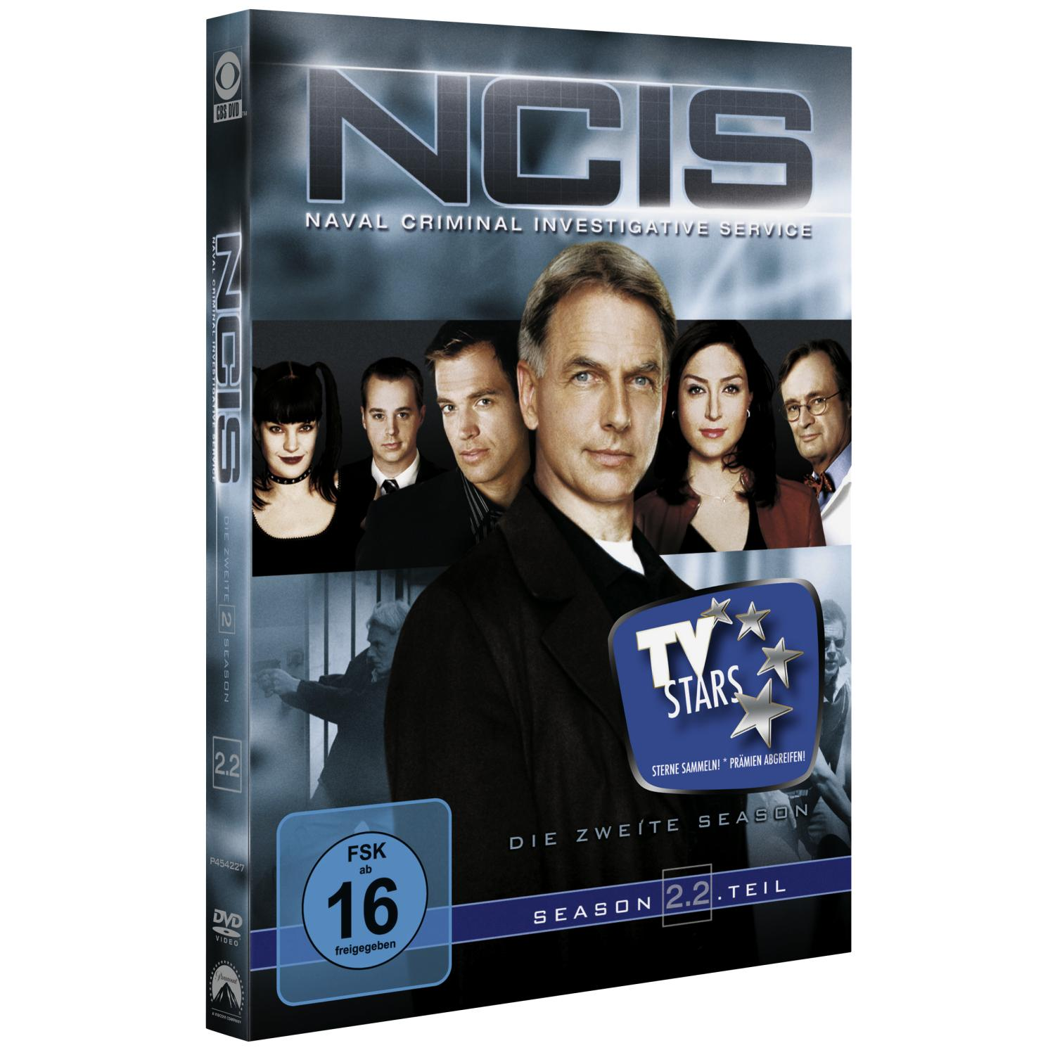 NCIS DVD-Hülle mit Cast-Fotos und 'Season 2.2'-Text, TV-Stars-Logo, Bewertung 16.