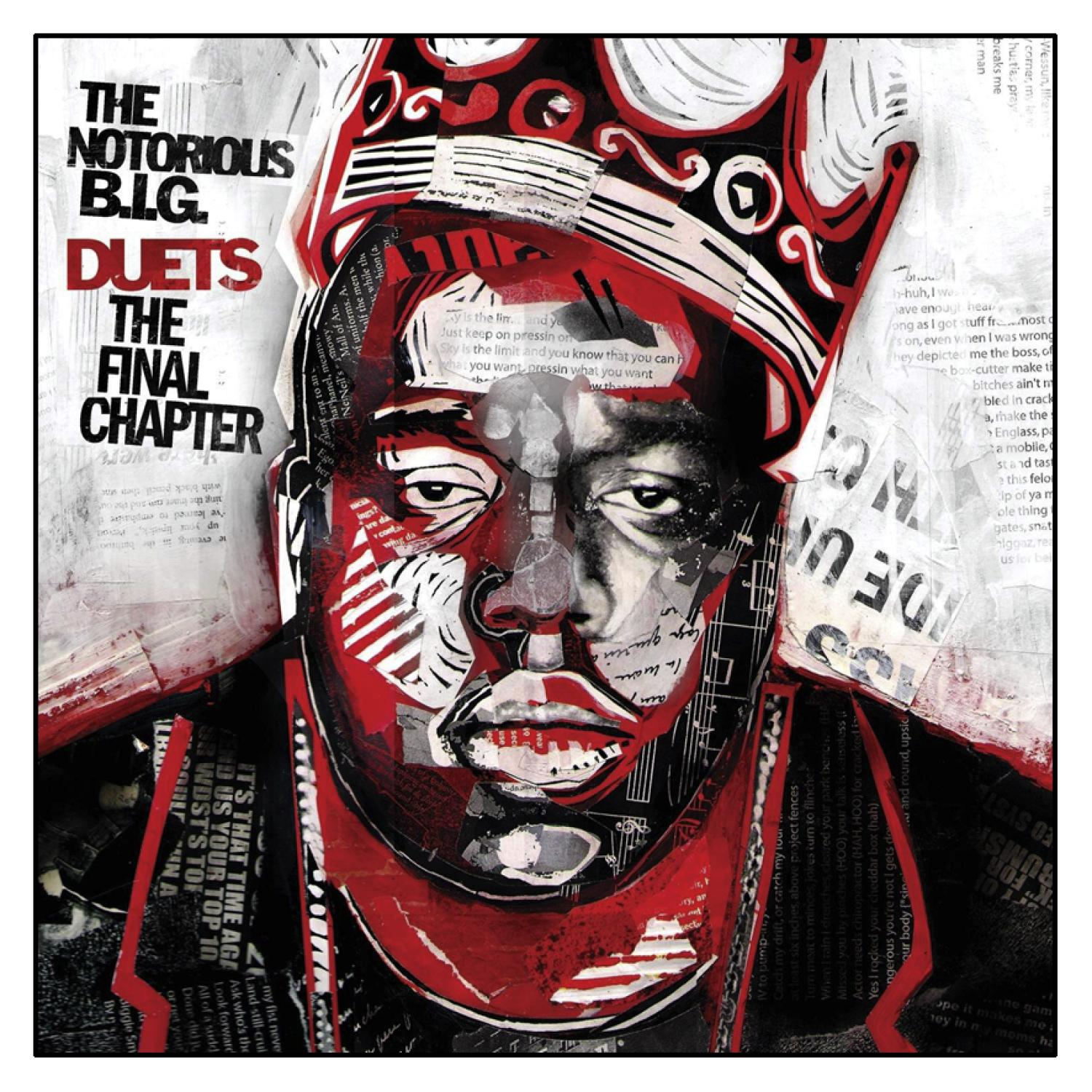 The Notorious B.I.G. Duets: The Final Chapter Albumcover. Ein farbenfrohes Nahporträt des Rappers.