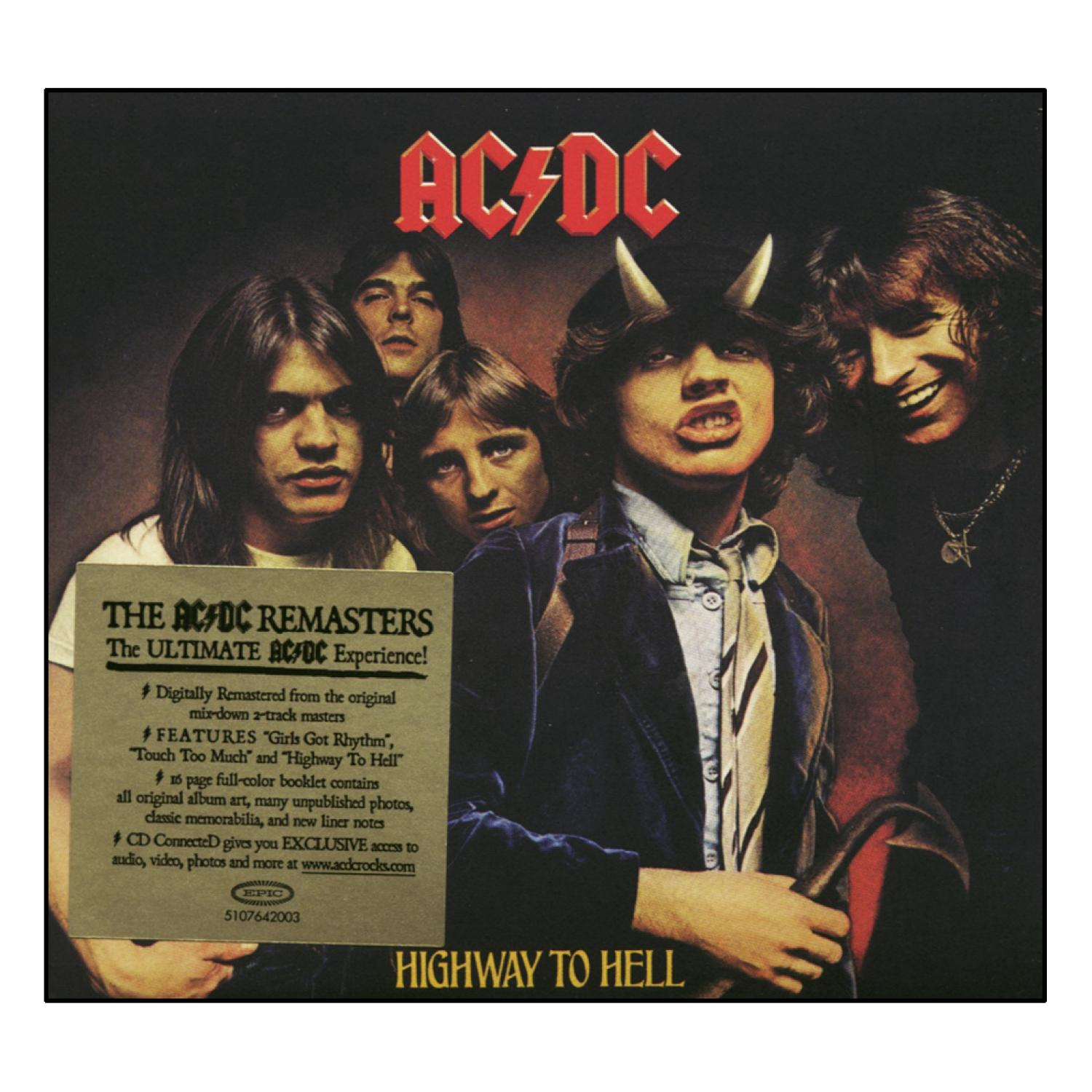 AC/DC Highway to Hell Albumcover. Bandmitglieder in einem Gruppenfoto, einer mit Teufelshörnern.