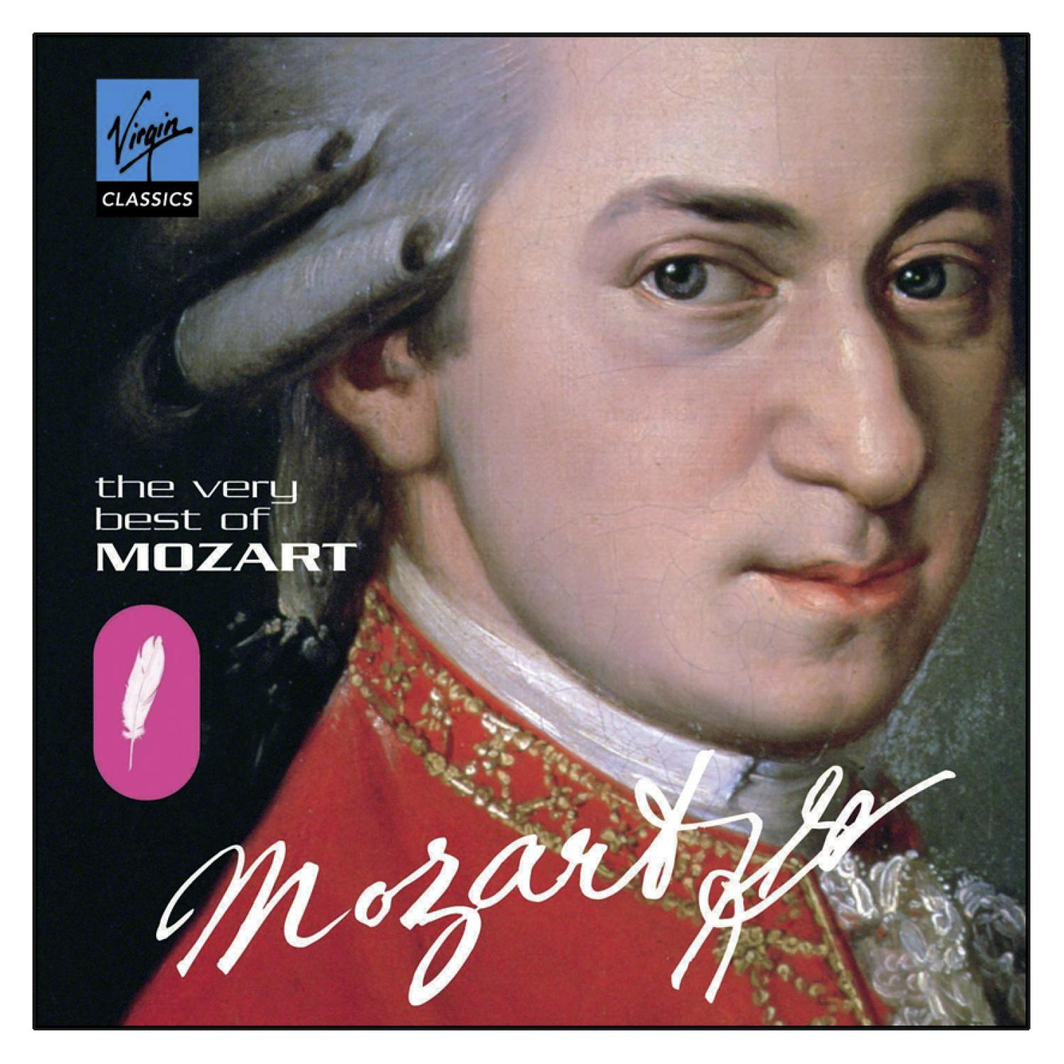 CD-Cover: Mozart-Porträt, roter Mantel, weiße Perücke. Titel: The Very Best of Mozart. Weißer Hintergrund.