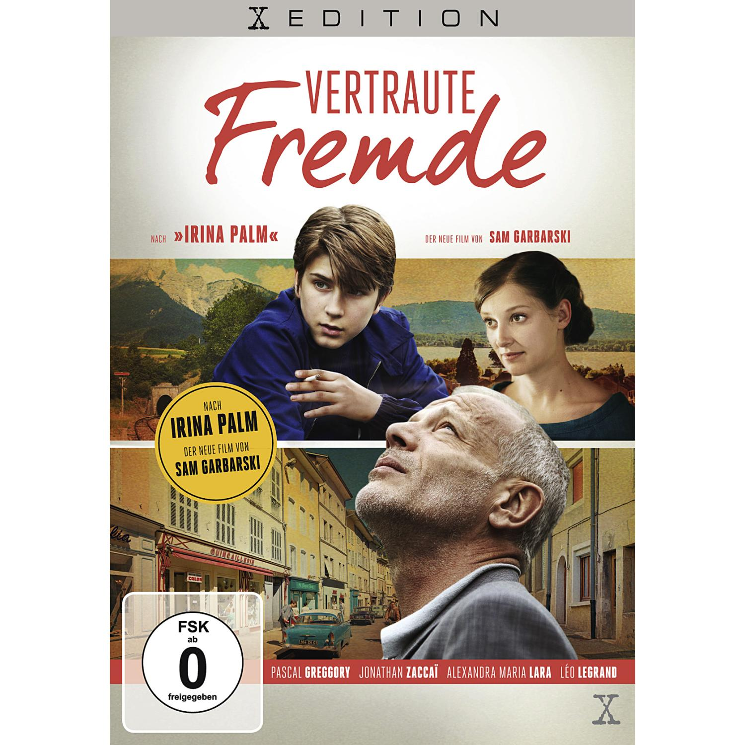 Filmcover 'Vertraute Fremde'. Ein Mann und zwei Personen vor einer Stadtszene.