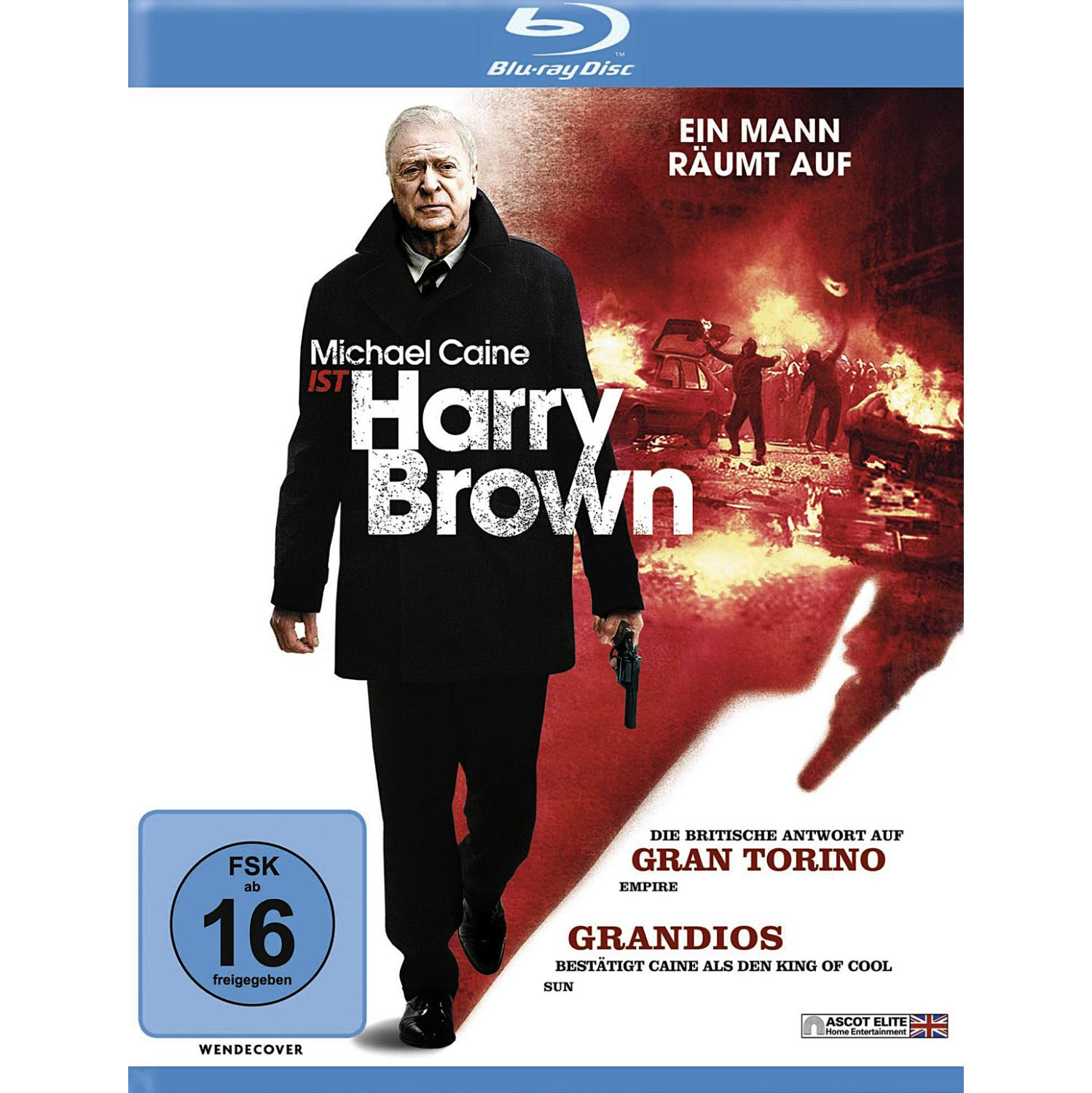 DVD-Cover: 'Harry Brown'. Michael Caine hält eine Waffe. Gebäude brennen im Hintergrund.
