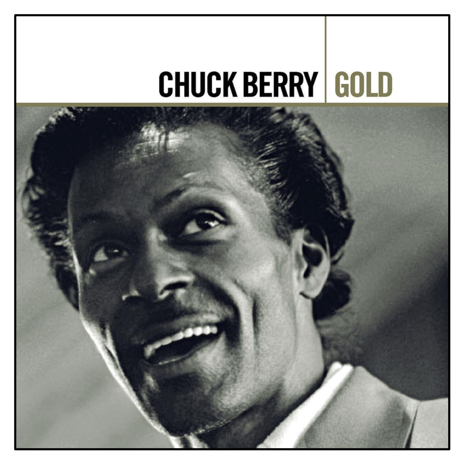 Chuck Berry, Schwarz-Weiß-Foto eines lächelnden Mannes, goldener Text.
