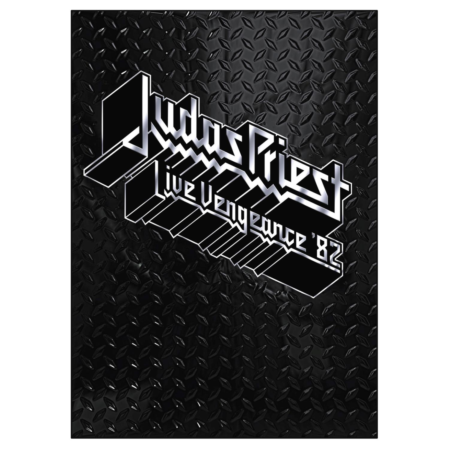 Judas Priest Live Vengeance '82 Albumcover. Bandlogo in Silber auf schwarzem Metall.
