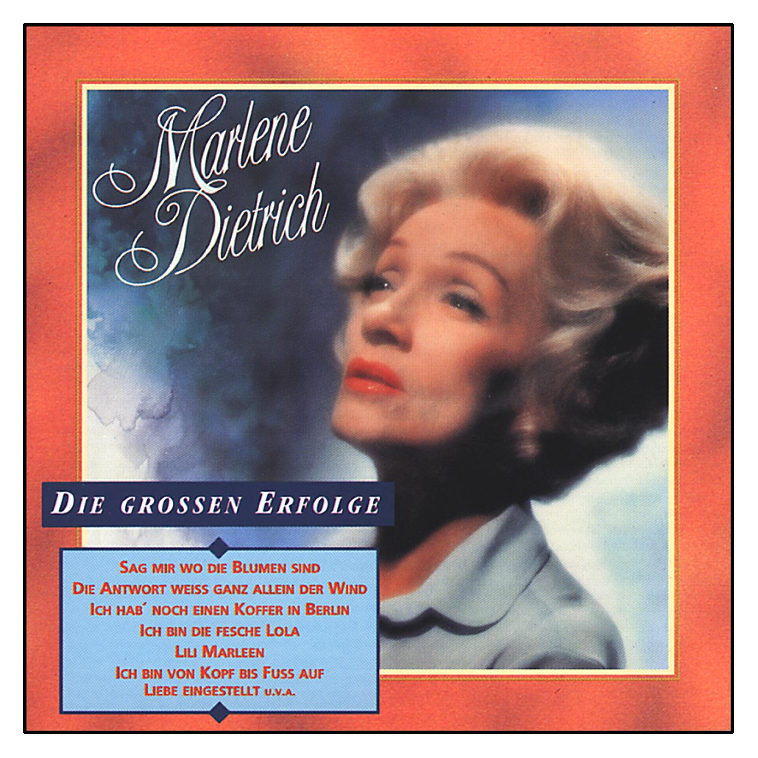Albumcover. Marlene Dietrich im Profil, nach oben blickend. Text: Die Grossen Erfolge.
