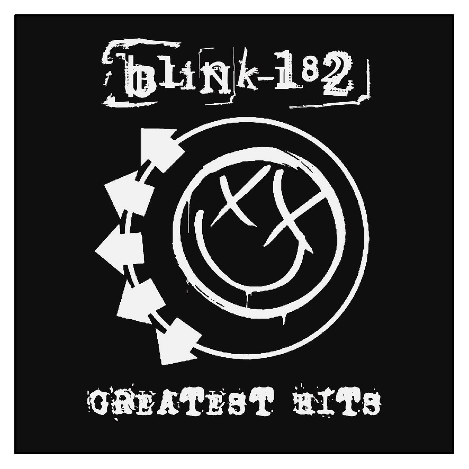 Blink-182 Greatest Hits Albumcover, schwarzer Hintergrund, weißer Text und Grafiken.