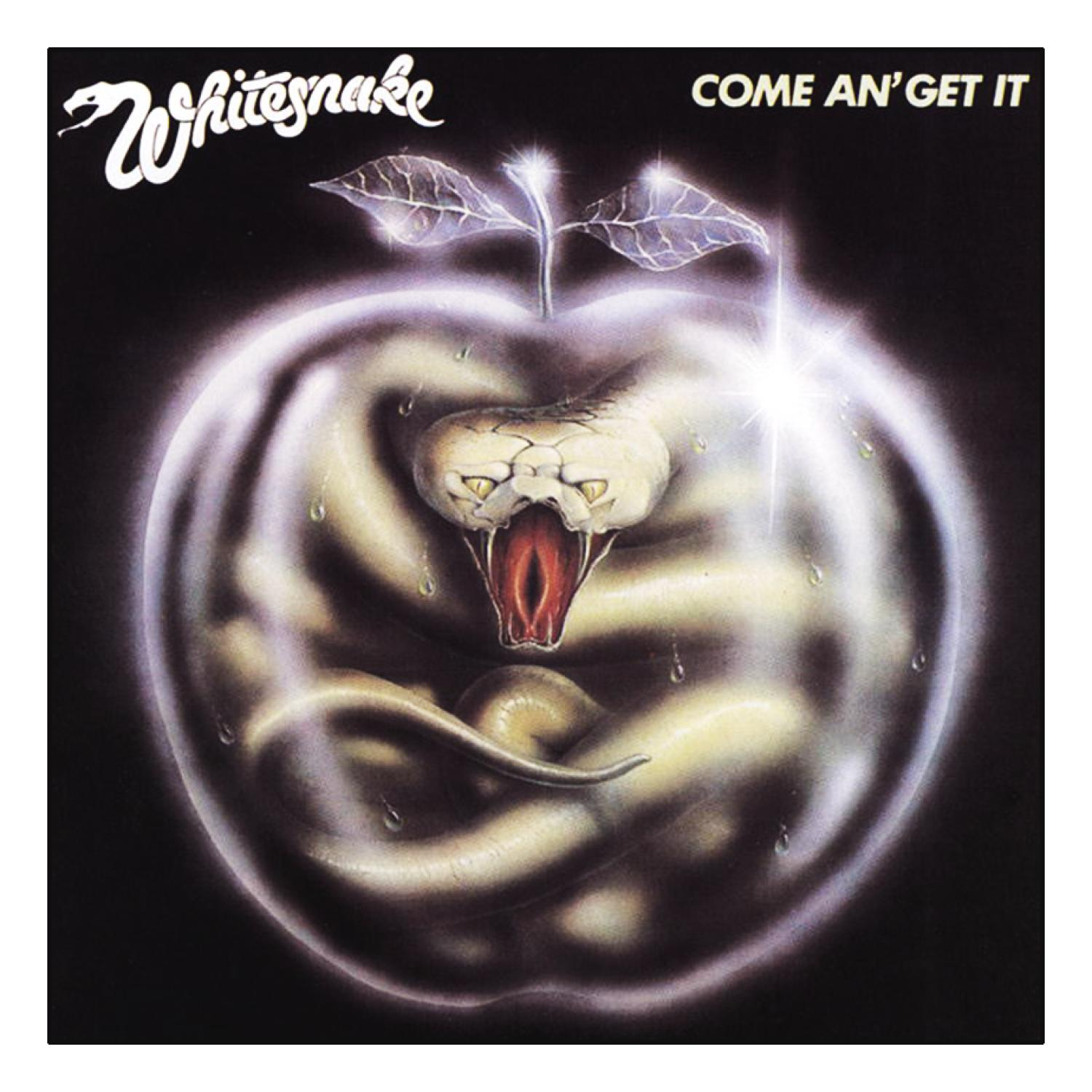Whitesnake Albumcover. Eine Schlange befindet sich in einem Apfel, mit Bandname und Albumtitel darüber.