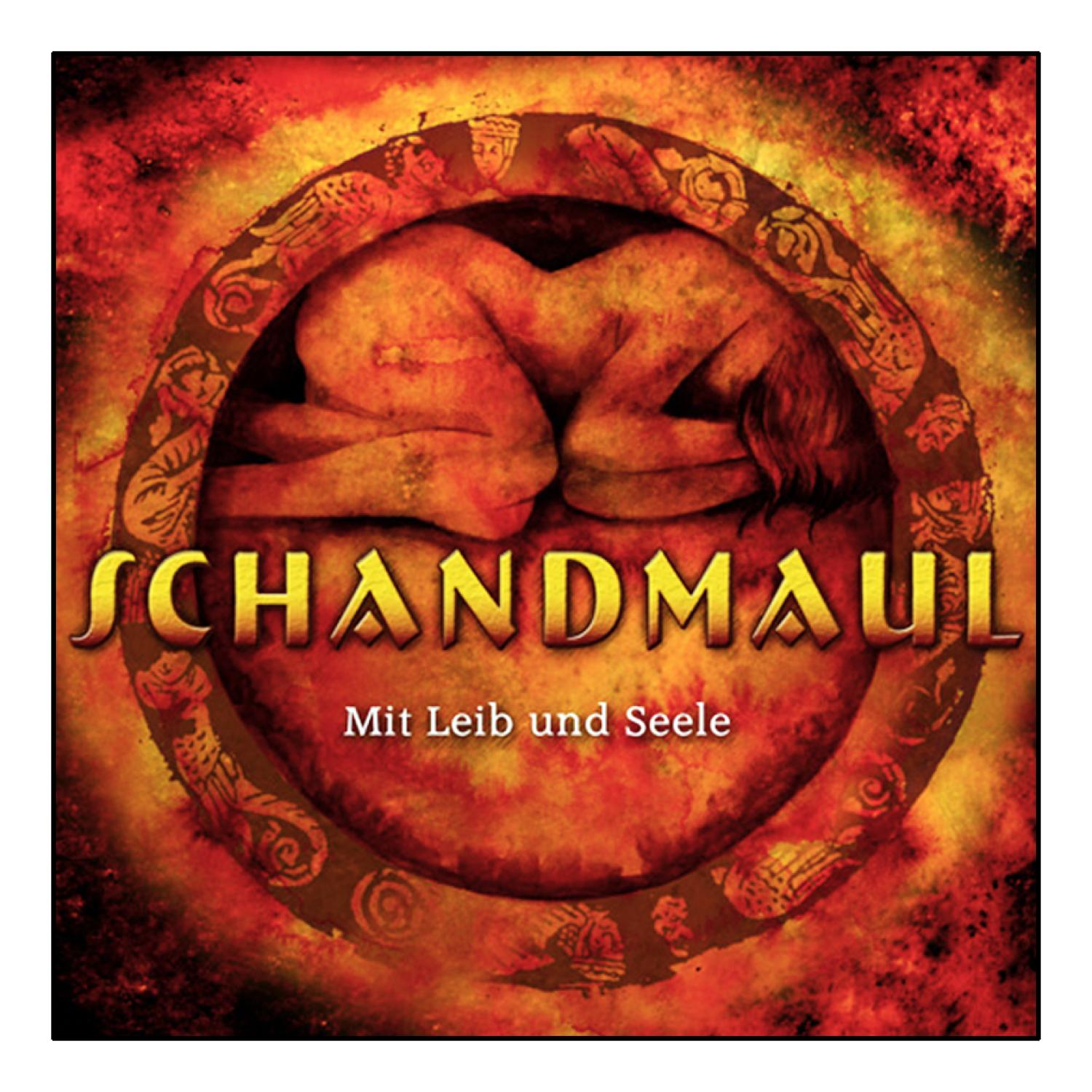 Albumcover mit einem nackten Paar in einem Kreis mit Schandmaul in Gold, Mit Leib und Seele.