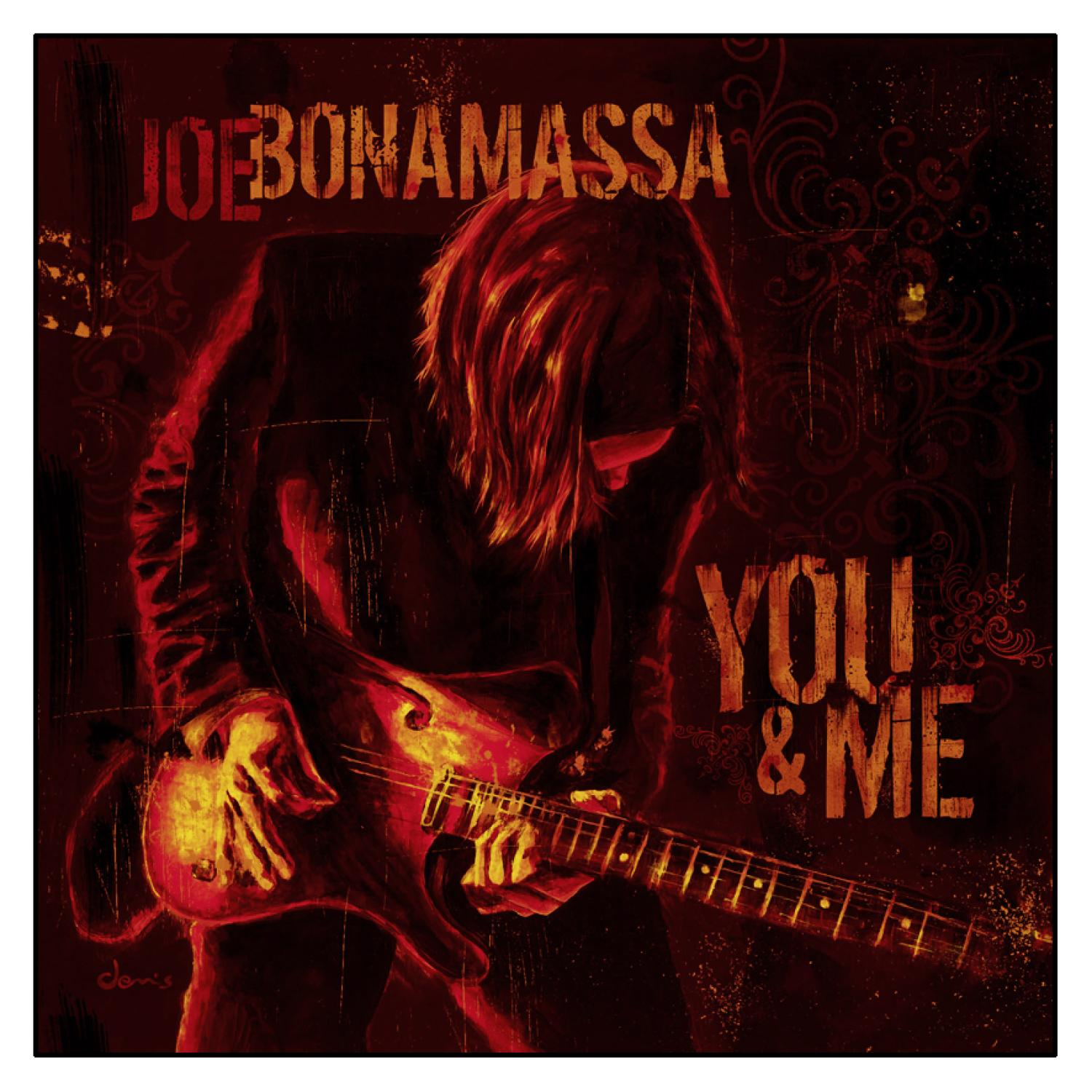Albumcover mit Joe Bonamassa, der Gitarre spielt. Rotes und schwarzes Farbschema. Album: You & Me.