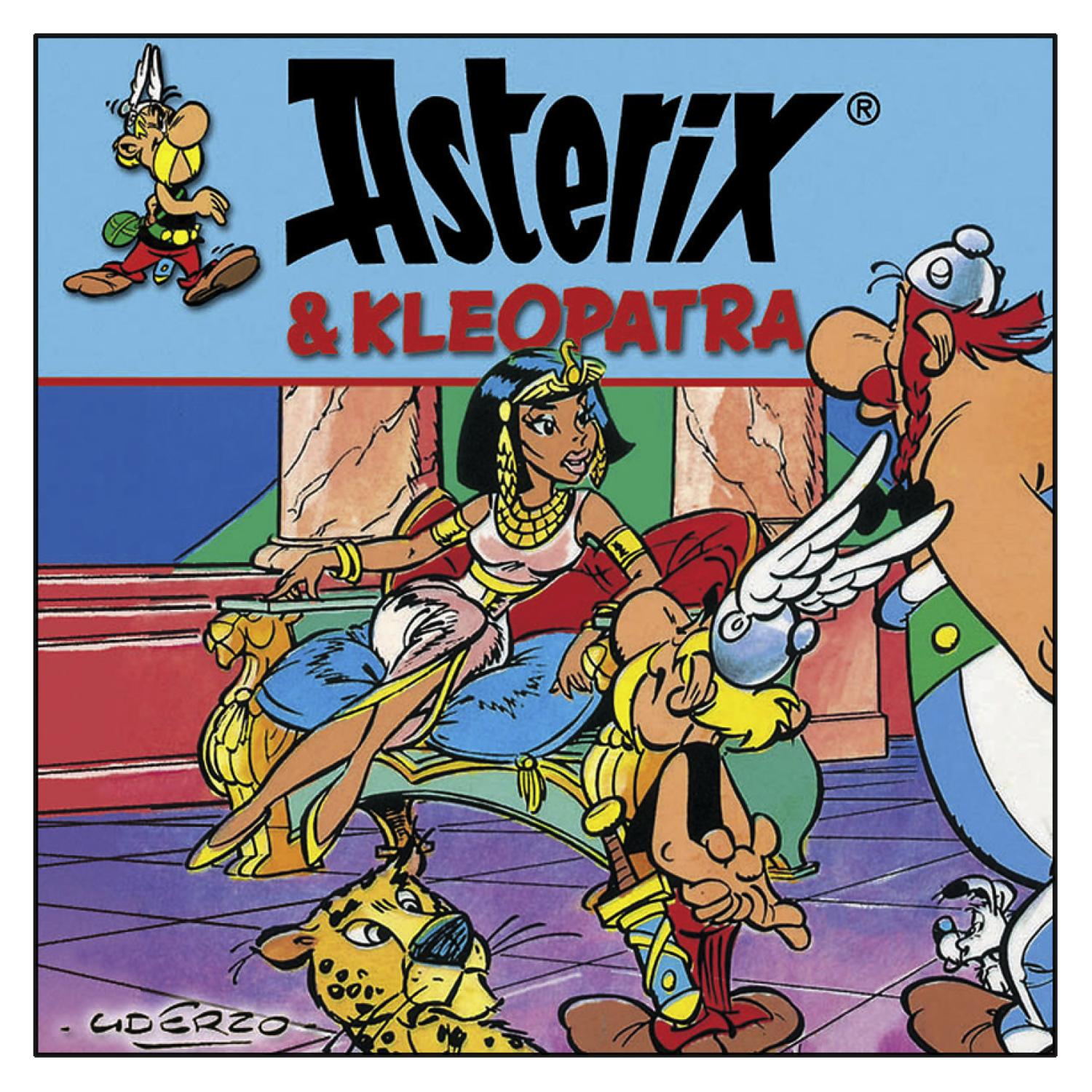 Comic-Cover von Asterix & Kleopatra. Figuren sind Asterix, Kleopatra und Obelix.
