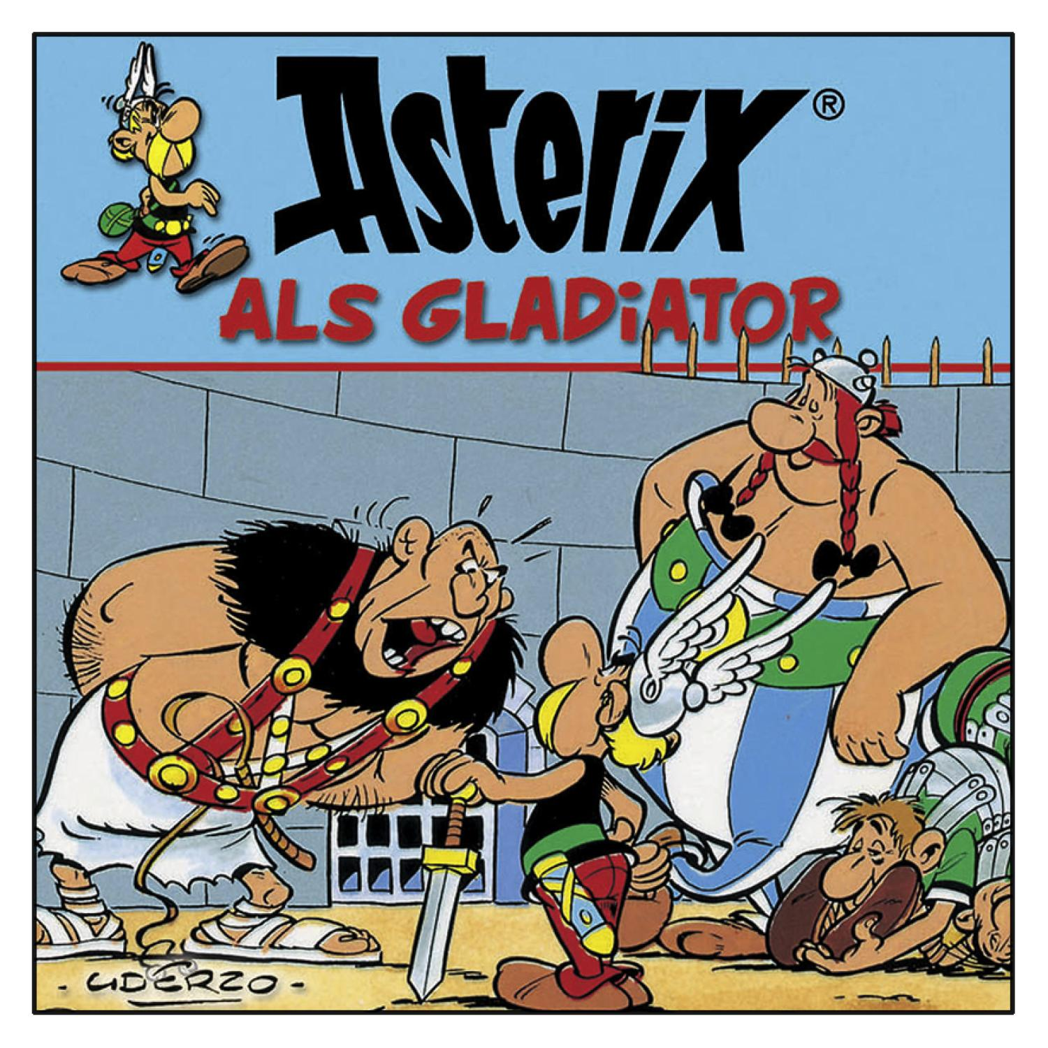 Asterix Comic-Cover. Figuren in einer Kampfszene: einer mit Schwert, zwei schreien, einer schaut zu.