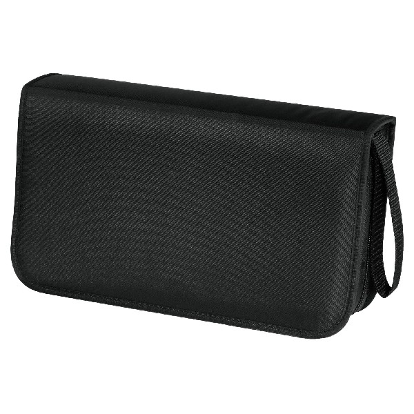 Schwarzes CD-Etui. Rechteckig mit Griff.