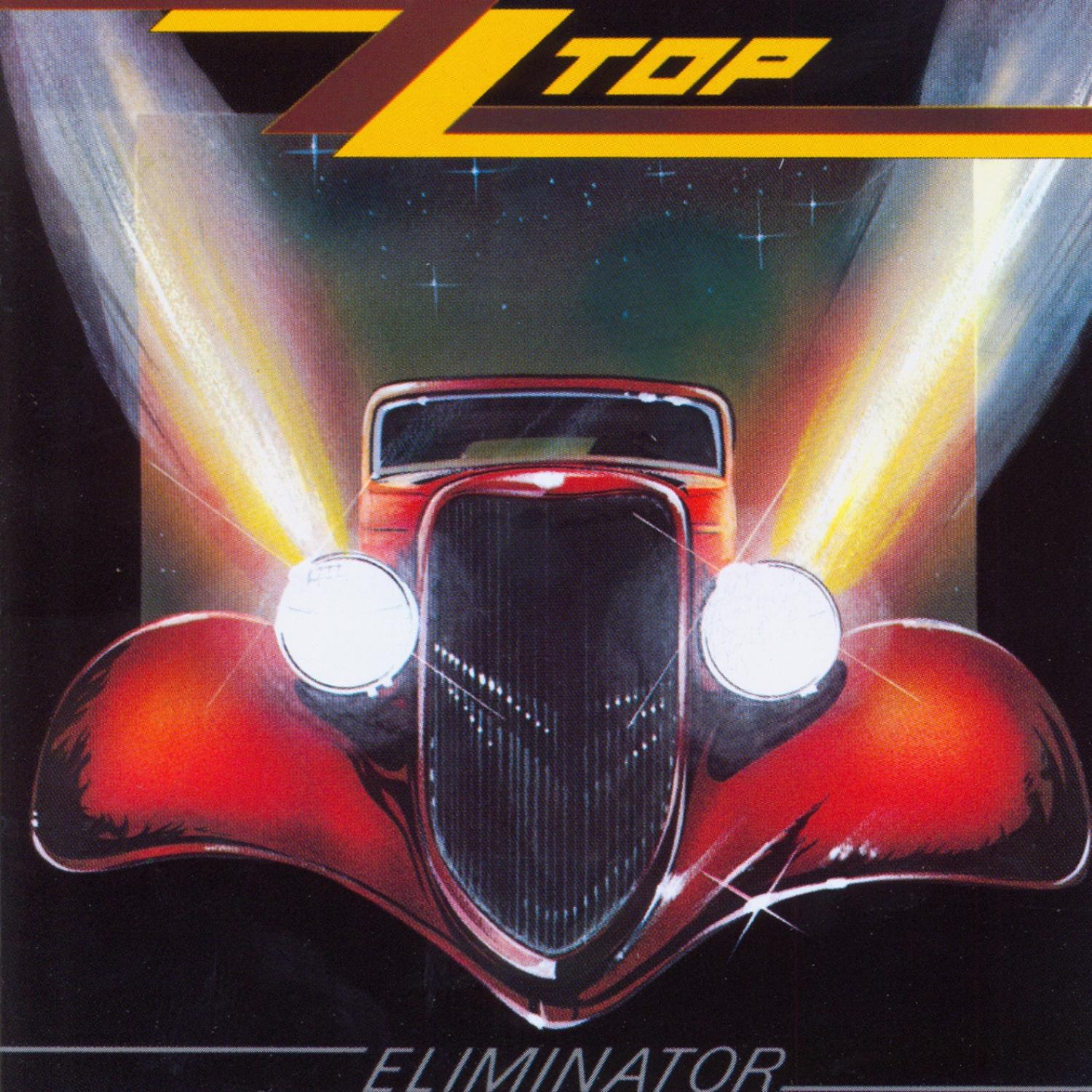 Albumcover: Rotes Auto mit Scheinwerfern, Titel 'ELIMINATOR' und Bandname 'ZZ Top'.