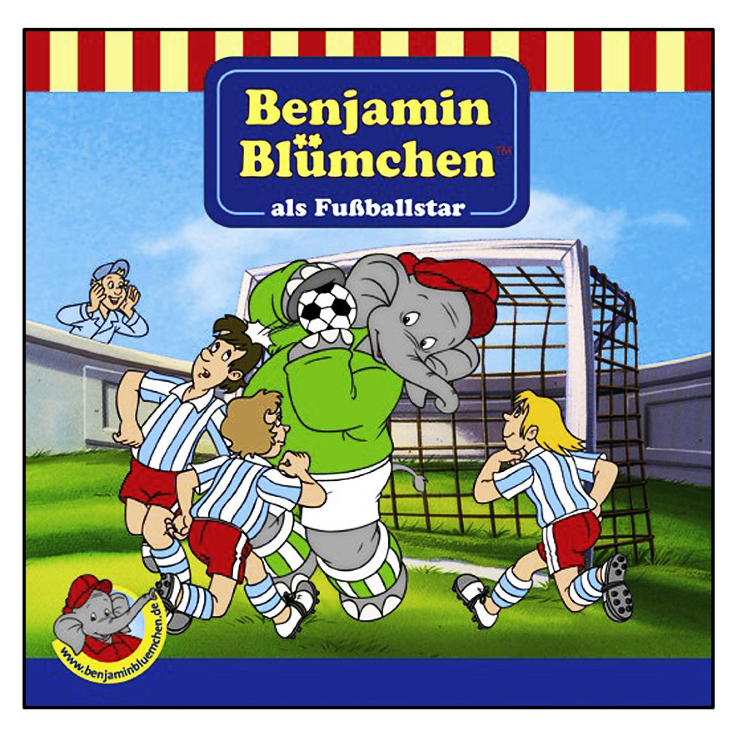 Cartoonbild eines Fußballspiels mit einem Elefanten und Kindern, mit Text in einem Rahmen.