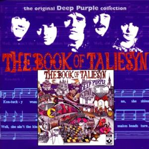 Albumcover für Deep Purples 'The Book of Taliesyn'. Zeigt Bandmitglieder, Albumkunst, Notenblätter.