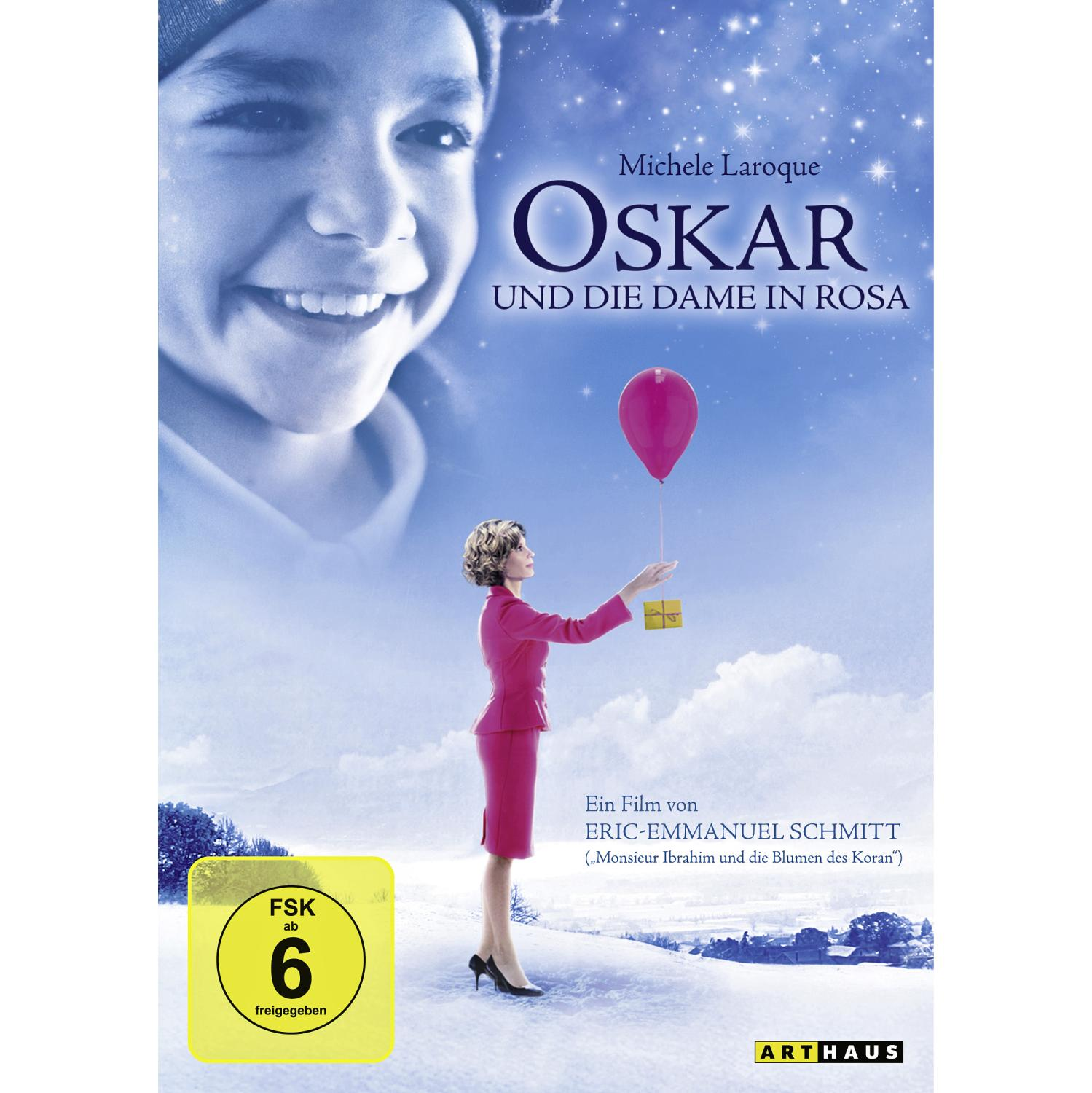 Oskar und die Dame in Rosa DVD-Cover. Das Gesicht eines Jungen, eine Frau mit Ballon und Himmelshintergrund.