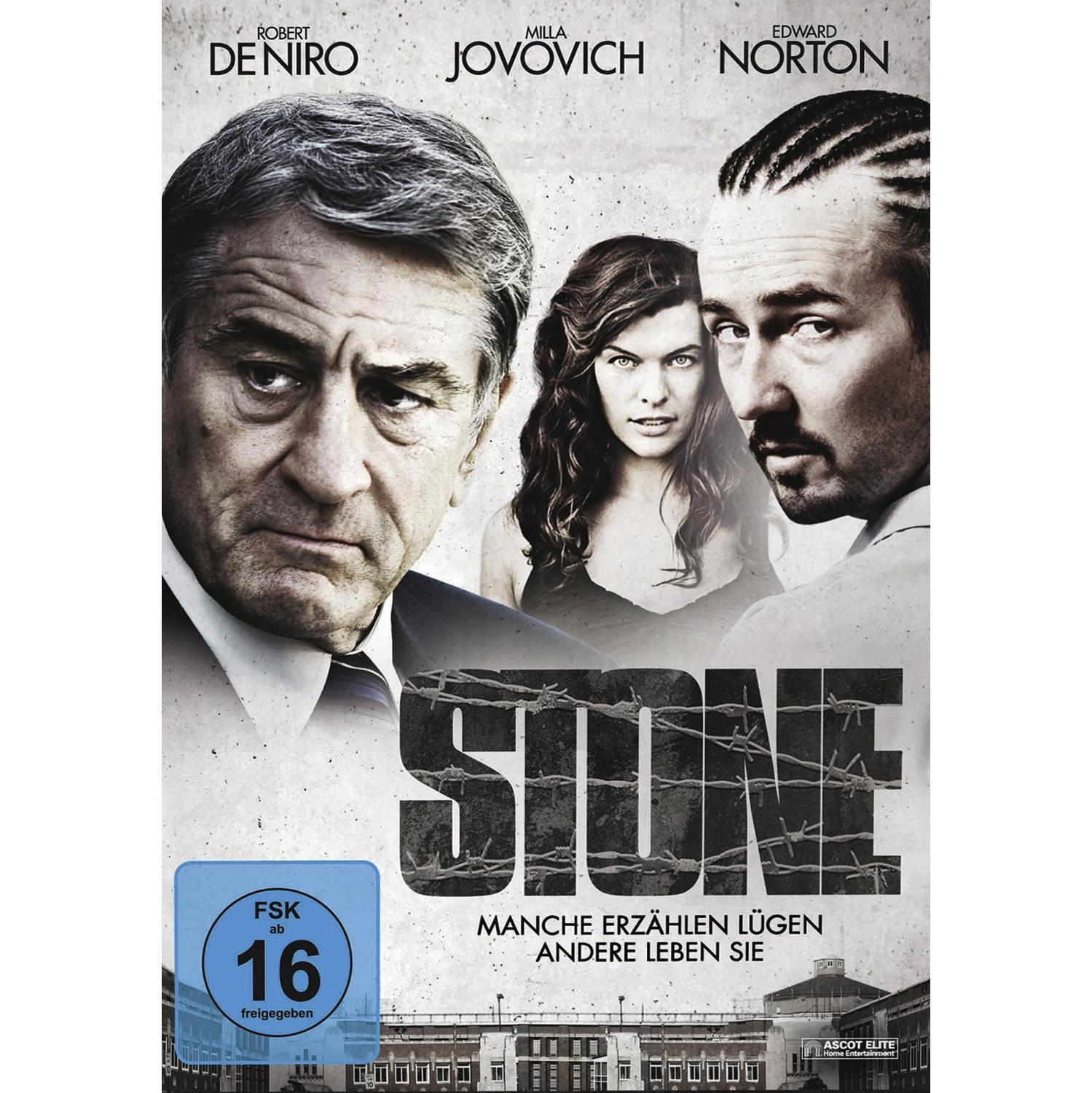 Filmplakat mit Robert De Niro, Milla Jovovich und Edward Norton. Text 'Stone' und Filmtitel.