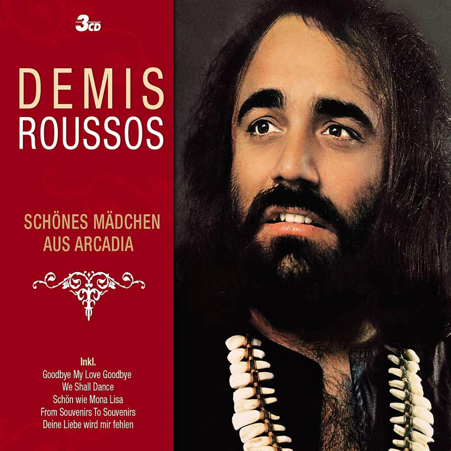 CD-Cover mit dem Porträt von Demis Roussos und Albumtitel. Roter und weißer Text und Design. Ein Mann mit langen Haaren.