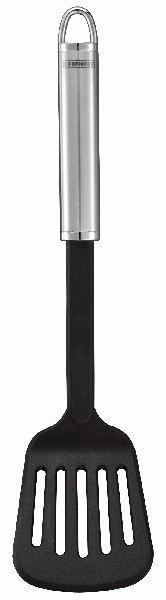 Schwarzer Schlitzteller mit silbernem Griff, auf weißem Grund.