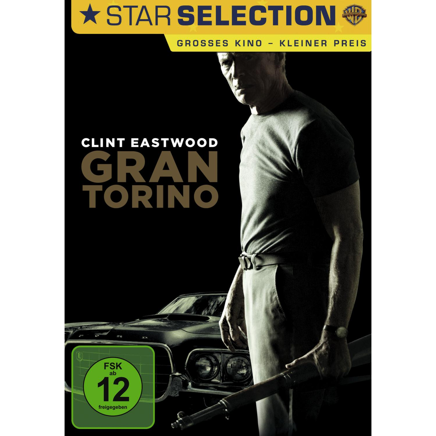DVD-Cover für 'Gran Torino'. Zeigt Clint Eastwood mit einer Waffe an einem Auto.